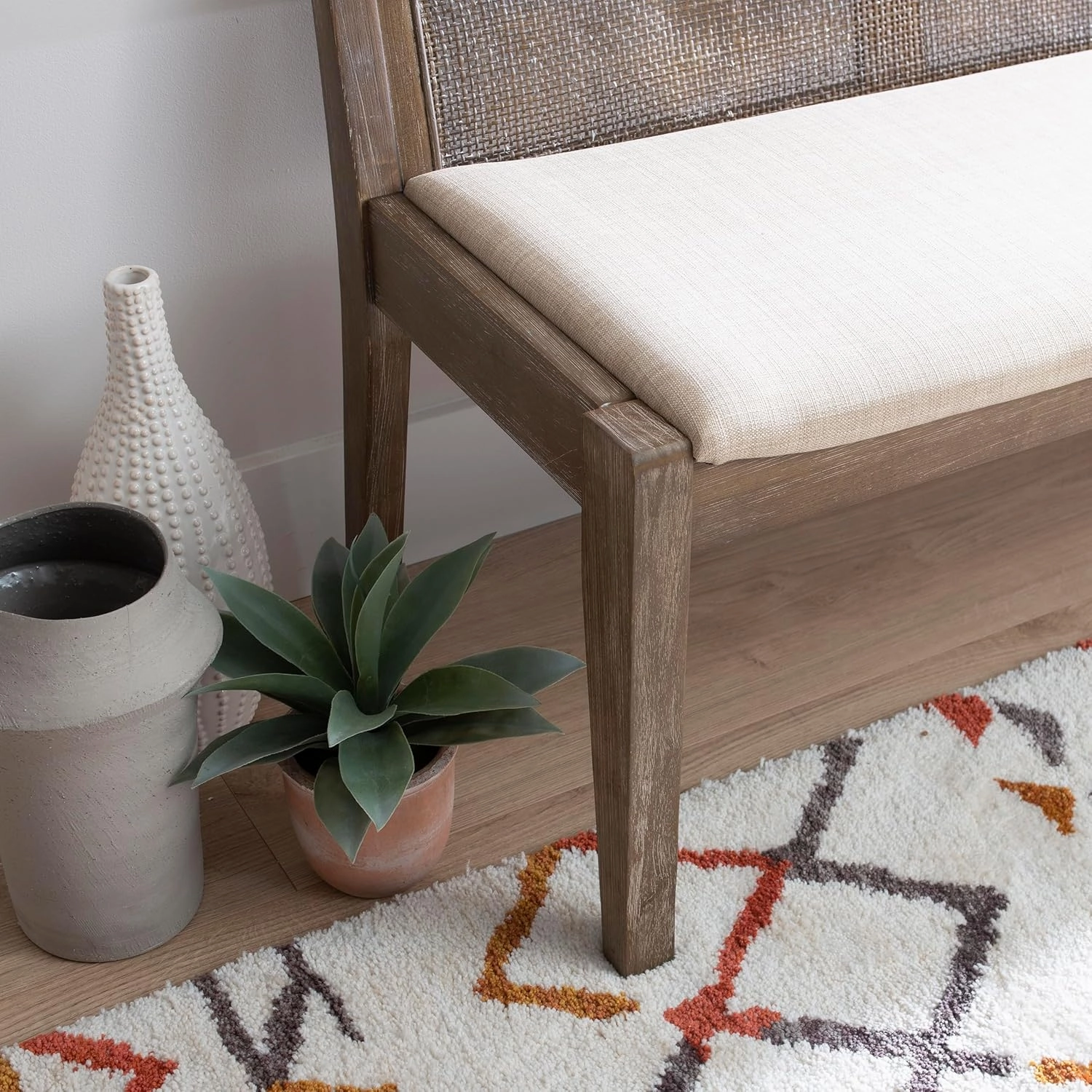 Powell Kasi Brown Low Back Cane Bench with Beige Upholstered Seat