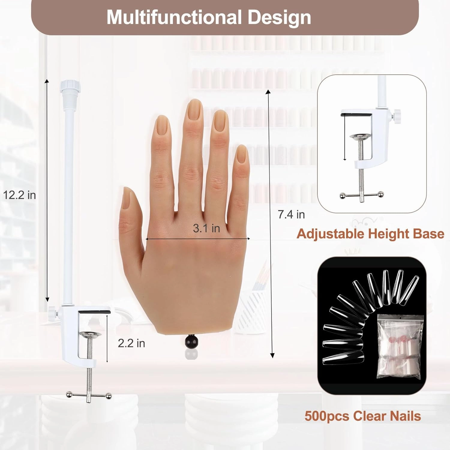 Practice Hand for Acrylic Nails with 500 Pcs Nails,Silicone Nail Practice Hand Stand, Flexible Bendable Nail Training Mannequin Hand for Nails Practice Nail Art Tools Single Right Hand Nude