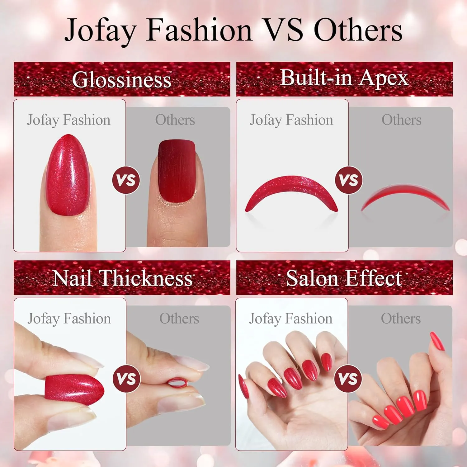 Press on Nails Short 5 Styles, Jofay Fashion 160Pcs Valentines Almond Press on Nails, Red Glitter Fake Nails with Designs, Reusable Glossy Acrylic False Nails, Stick on Nails Glue on Nails for Women