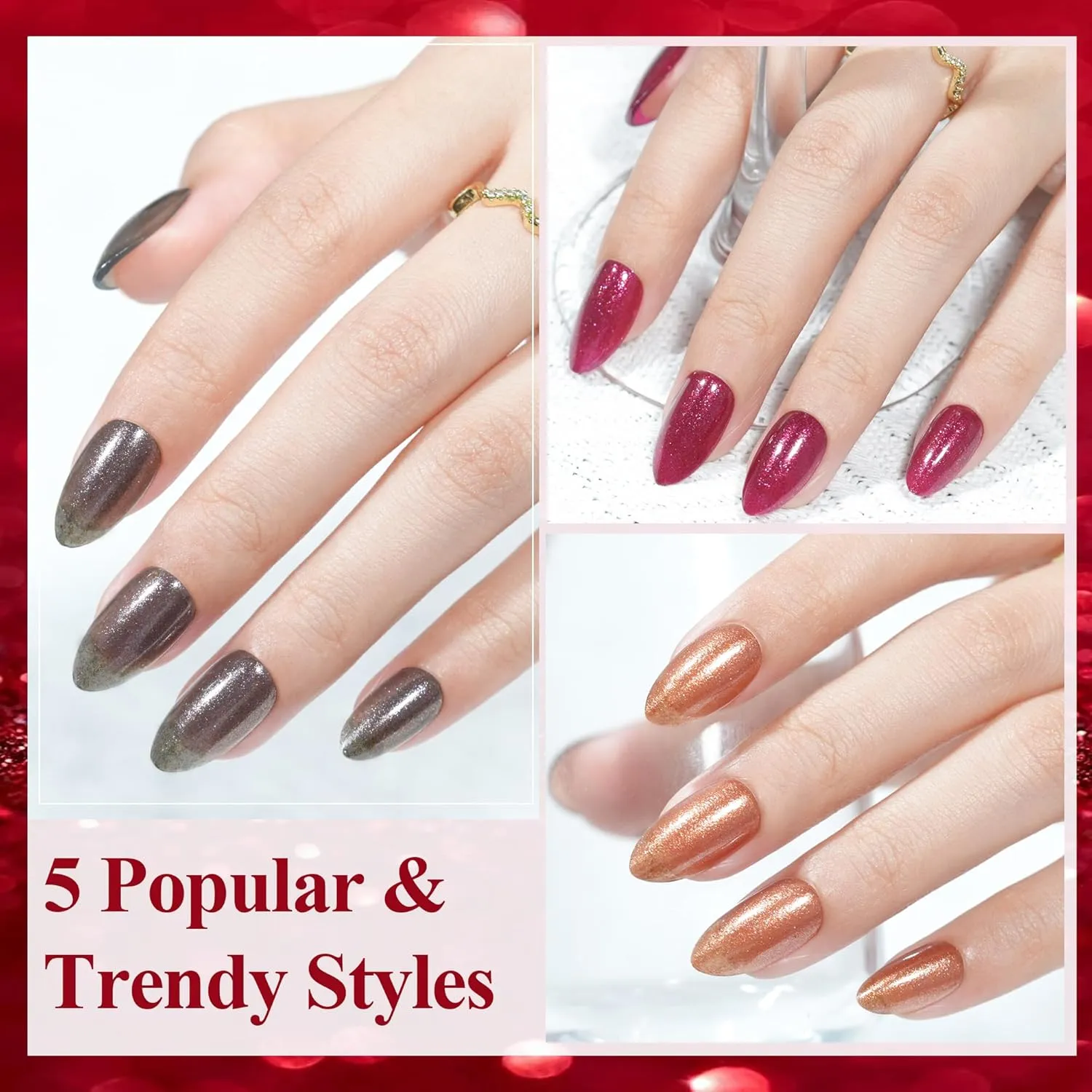 Press on Nails Short 5 Styles, Jofay Fashion 160Pcs Valentines Almond Press on Nails, Red Glitter Fake Nails with Designs, Reusable Glossy Acrylic False Nails, Stick on Nails Glue on Nails for Women