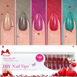 Press on Nails Short 5 Styles, Jofay Fashion 160Pcs Valentines Almond Press on Nails, Red Glitter Fake Nails with Designs, Reusable Glossy Acrylic False Nails, Stick on Nails Glue on Nails for Women