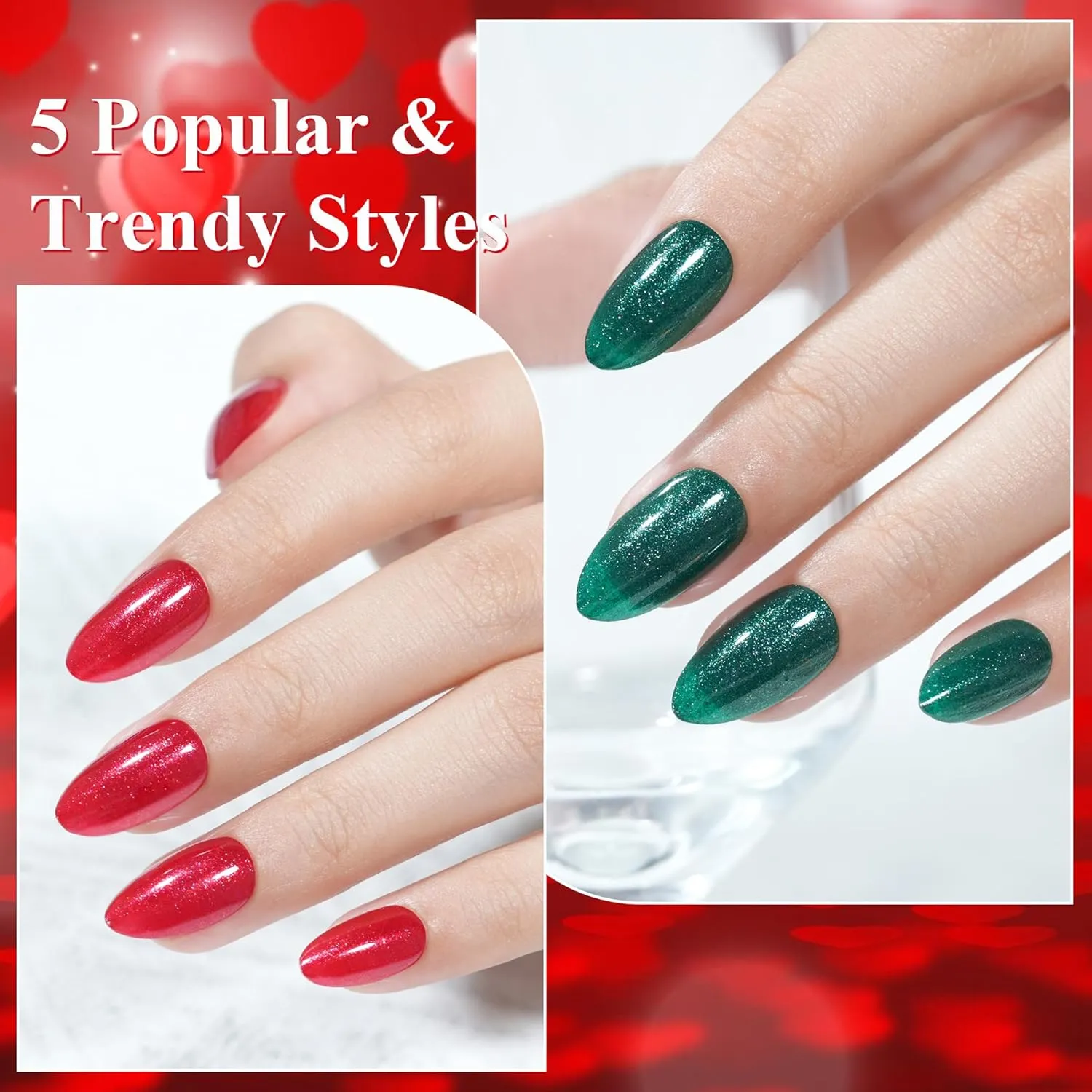 Press on Nails Short 5 Styles, Jofay Fashion 160Pcs Valentines Almond Press on Nails, Red Glitter Fake Nails with Designs, Reusable Glossy Acrylic False Nails, Stick on Nails Glue on Nails for Women