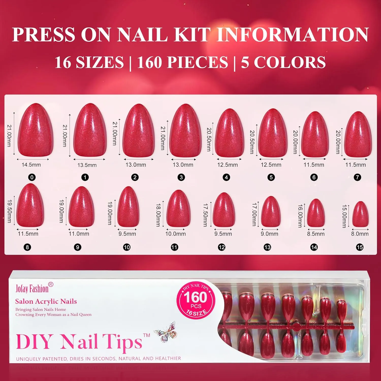 Press on Nails Short 5 Styles, Jofay Fashion 160Pcs Valentines Almond Press on Nails, Red Glitter Fake Nails with Designs, Reusable Glossy Acrylic False Nails, Stick on Nails Glue on Nails for Women
