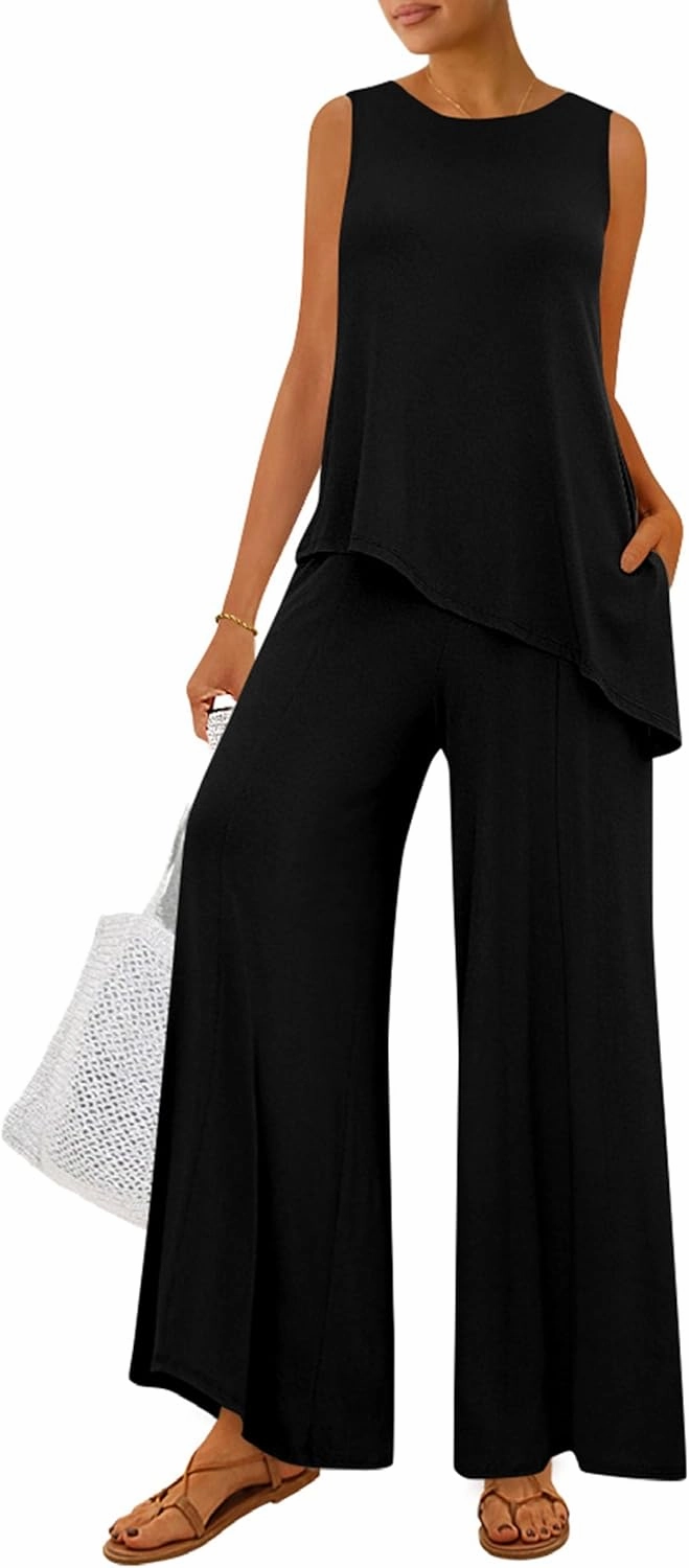 PRETTYGARDEN Women's 2025 Two Piece Matching Lounge Sets Asymmetrical Split Tank Tops Wide Leg Pants Summer Outfits Tracksuit