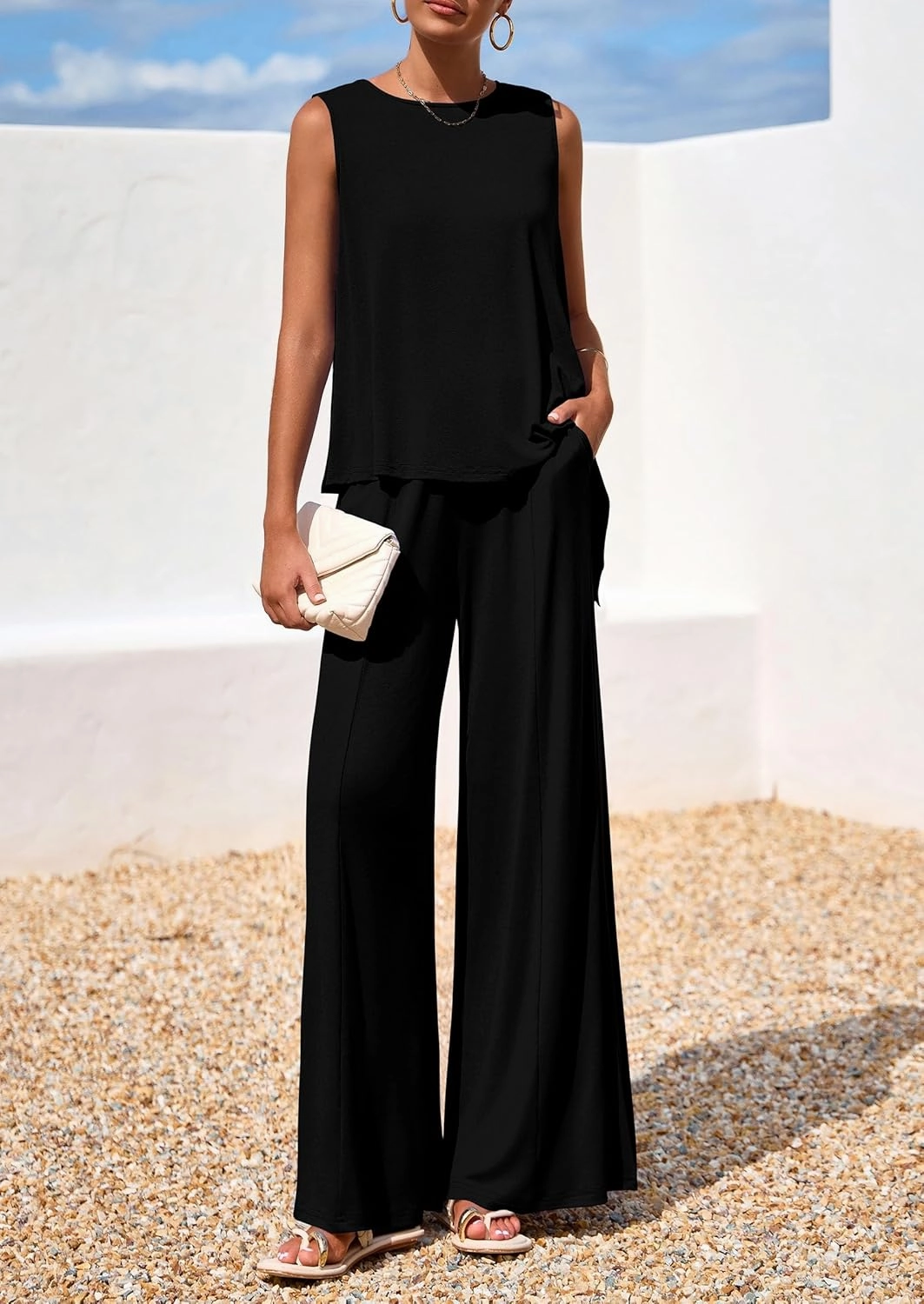 PRETTYGARDEN Women's 2025 Two Piece Matching Lounge Sets Asymmetrical Split Tank Tops Wide Leg Pants Summer Outfits Tracksuit