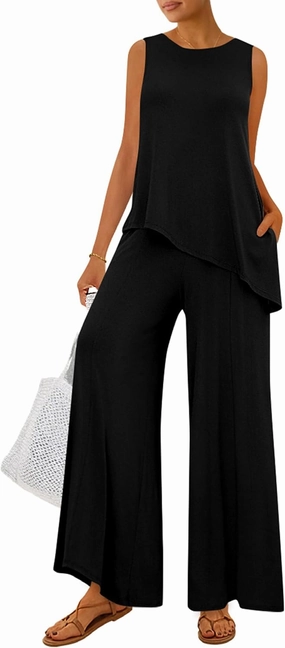 PRETTYGARDEN Women's 2025 Two Piece Matching Lounge Sets Asymmetrical Split Tank Tops Wide Leg Pants Summer Outfits Tracksuit