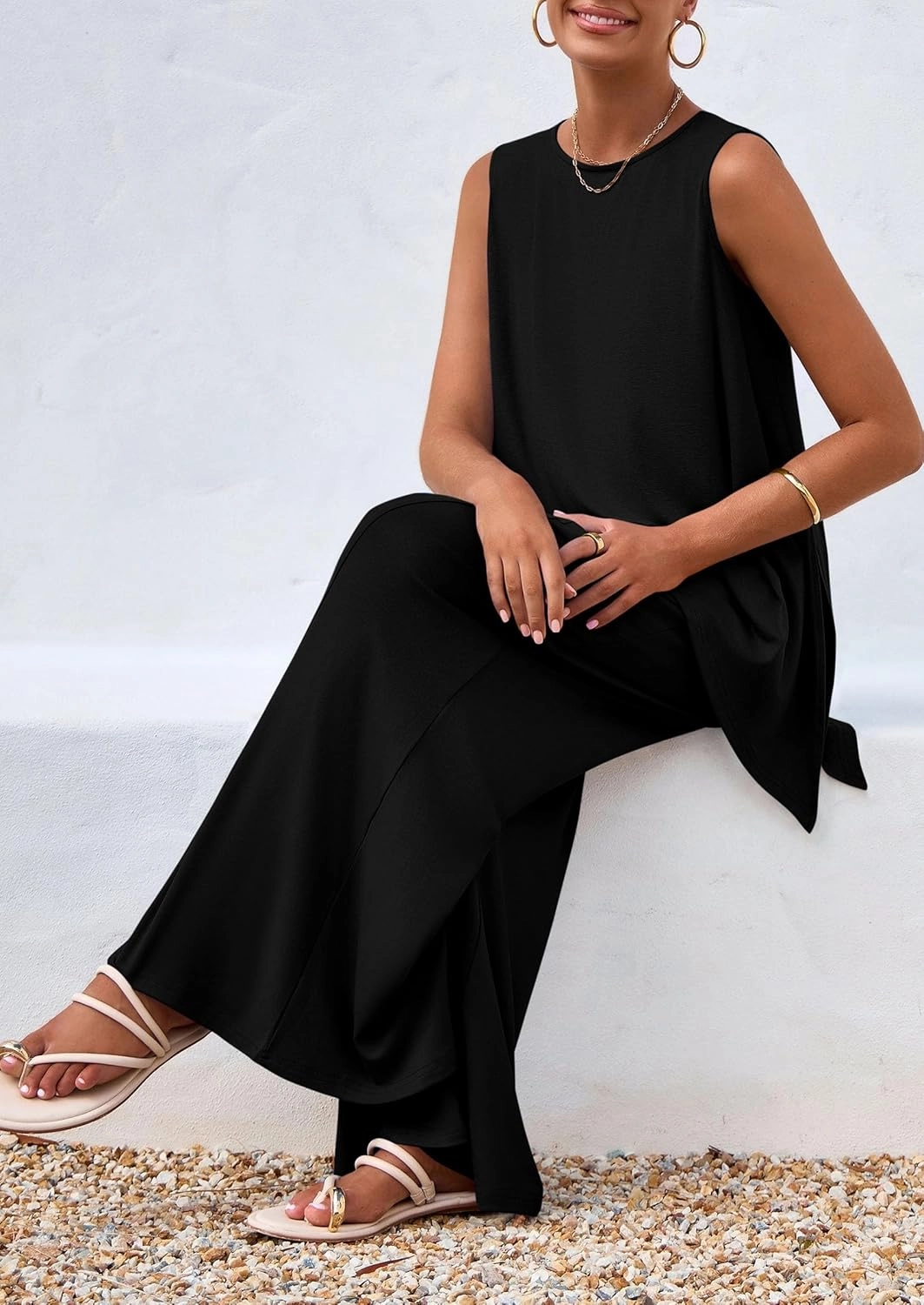PRETTYGARDEN Women's 2025 Two Piece Matching Lounge Sets Asymmetrical Split Tank Tops Wide Leg Pants Summer Outfits Tracksuit