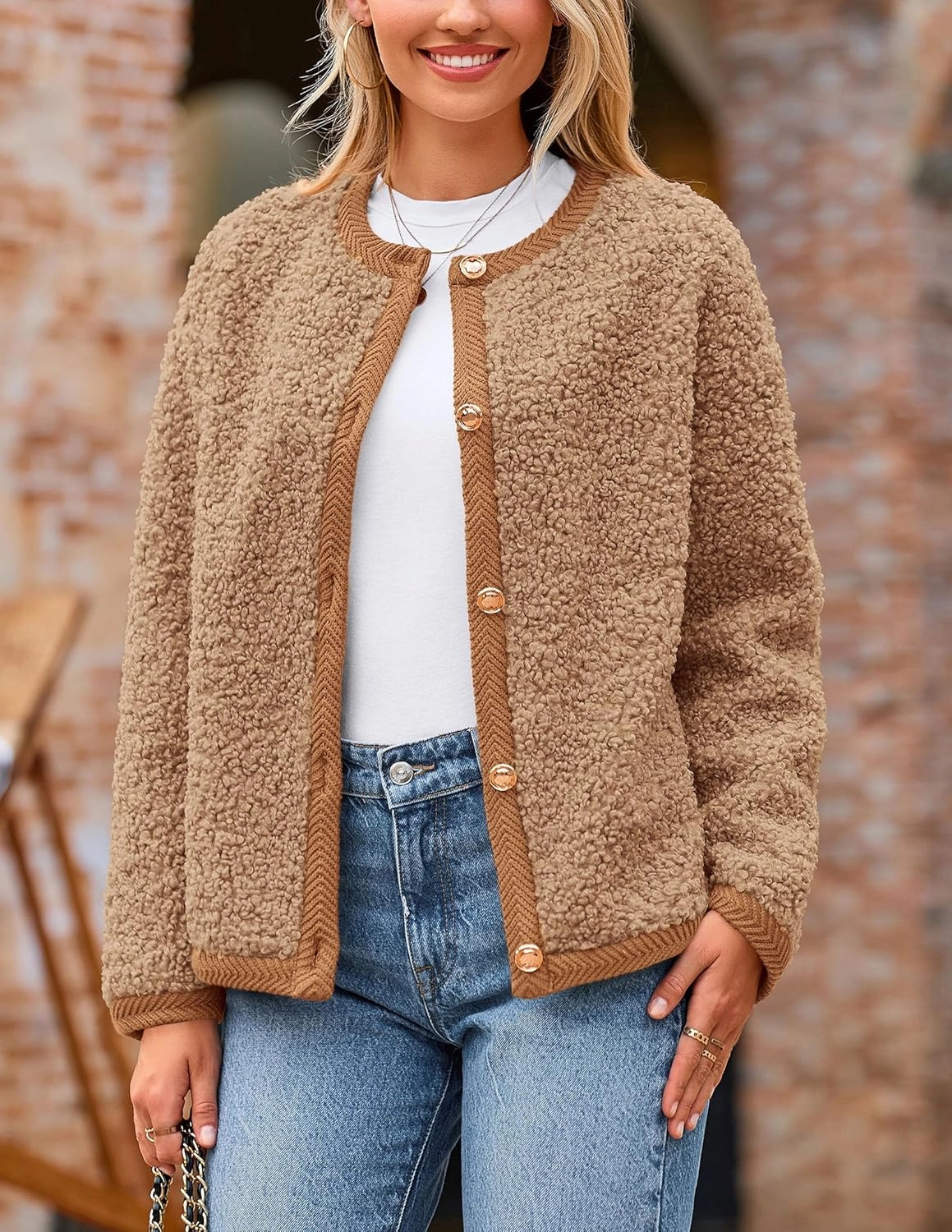 PRETTYGARDEN Women's Faux Fur Shearling Coat Fuzzy Fleece Button Up Trendy Fall Winter Cropped Jackets Outerwear