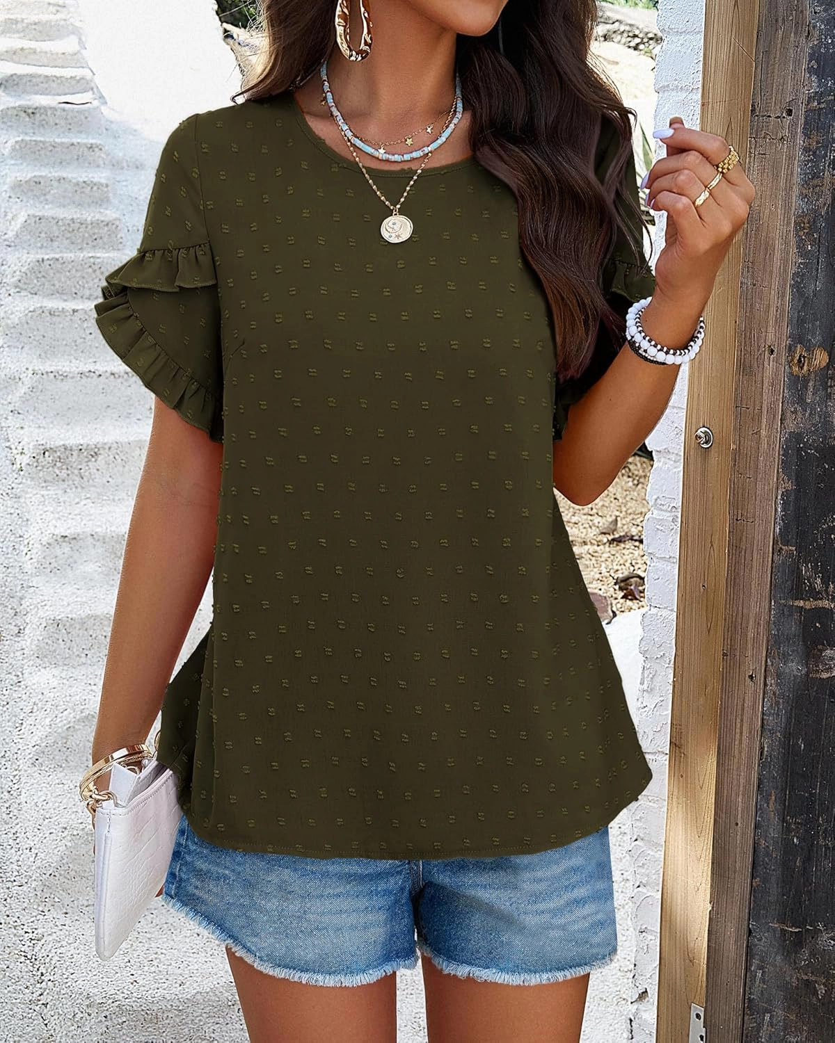 PRETTYGARDEN Women's Tops 2025 Summer Ruffle Short Sleeve Crewneck Blouses Swiss Dots Solid Loose Tunics Work Shirts
