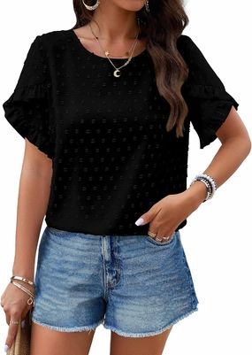 PRETTYGARDEN Women's Tops 2025 Summer Ruffle Short Sleeve Crewneck Blouses Swiss Dots Solid Loose Tunics Work Shirts