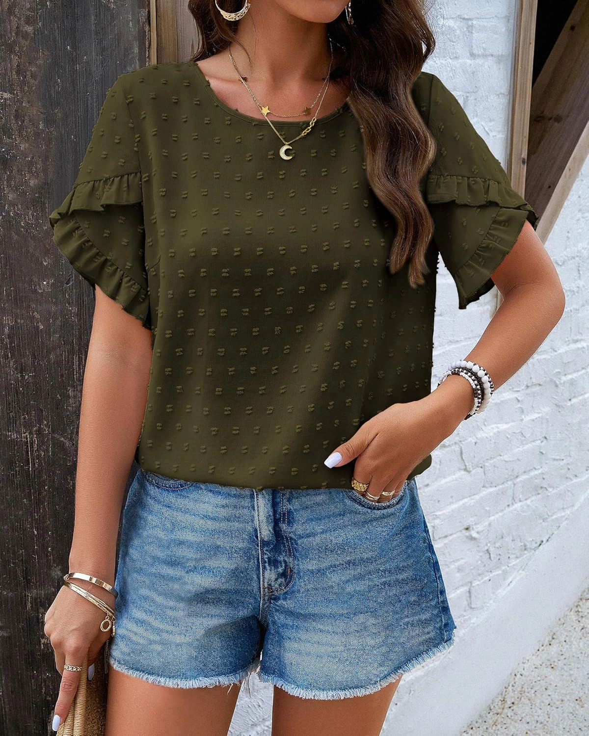 PRETTYGARDEN Women's Tops 2025 Summer Ruffle Short Sleeve Crewneck Blouses Swiss Dots Solid Loose Tunics Work Shirts