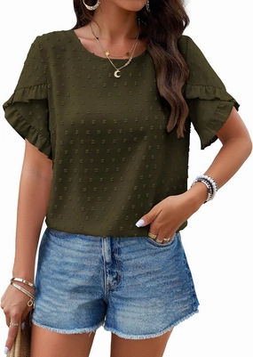 PRETTYGARDEN Women's Tops 2025 Summer Ruffle Short Sleeve Crewneck Blouses Swiss Dots Solid Loose Tunics Work Shirts