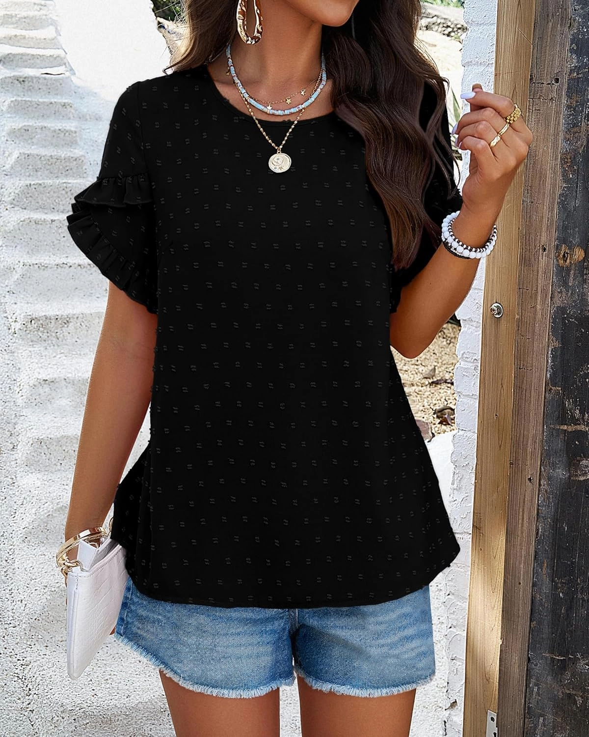 PRETTYGARDEN Women's Tops 2025 Summer Ruffle Short Sleeve Crewneck Blouses Swiss Dots Solid Loose Tunics Work Shirts