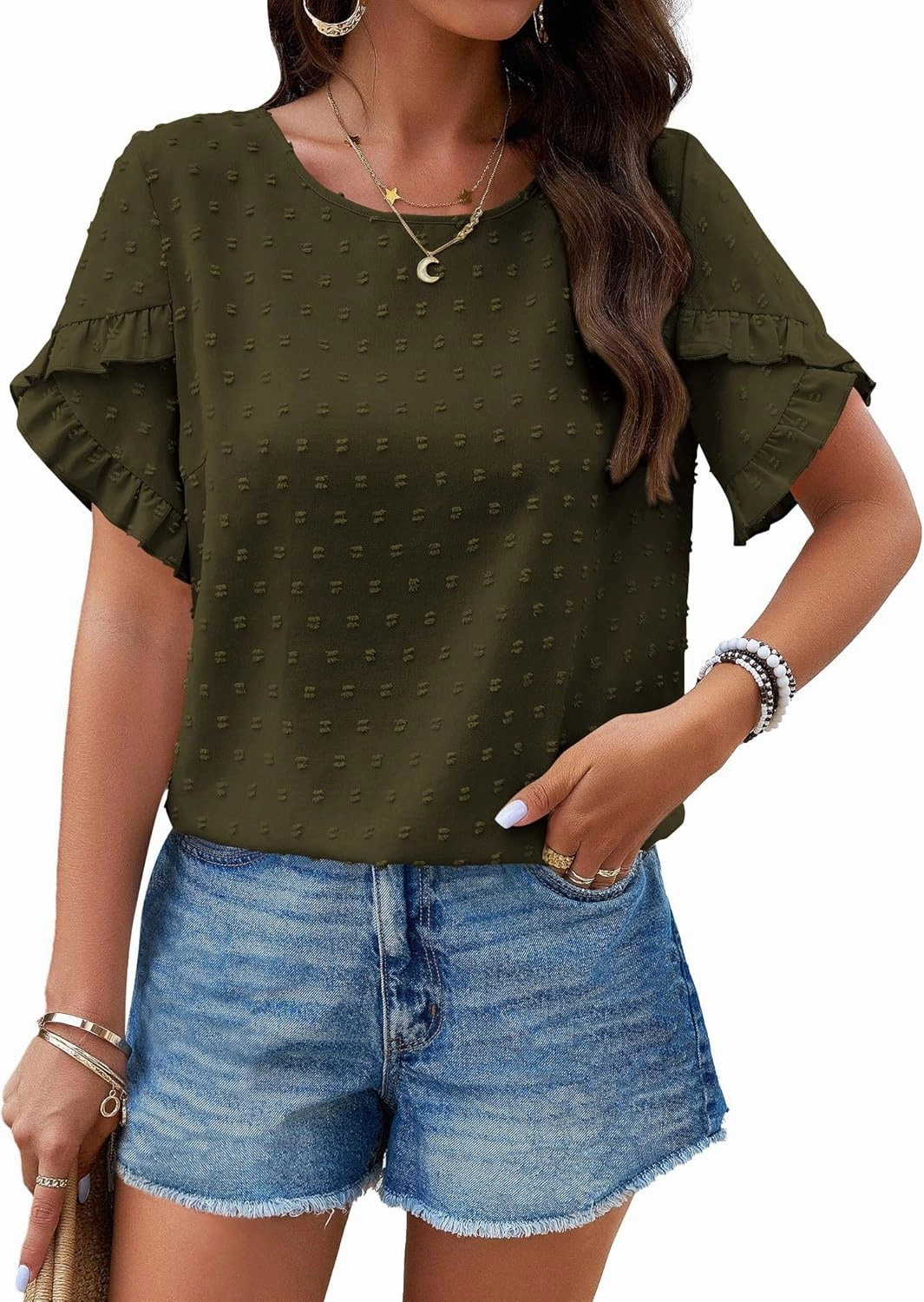 PRETTYGARDEN Women's Tops 2025 Summer Ruffle Short Sleeve Crewneck Blouses Swiss Dots Solid Loose Tunics Work Shirts