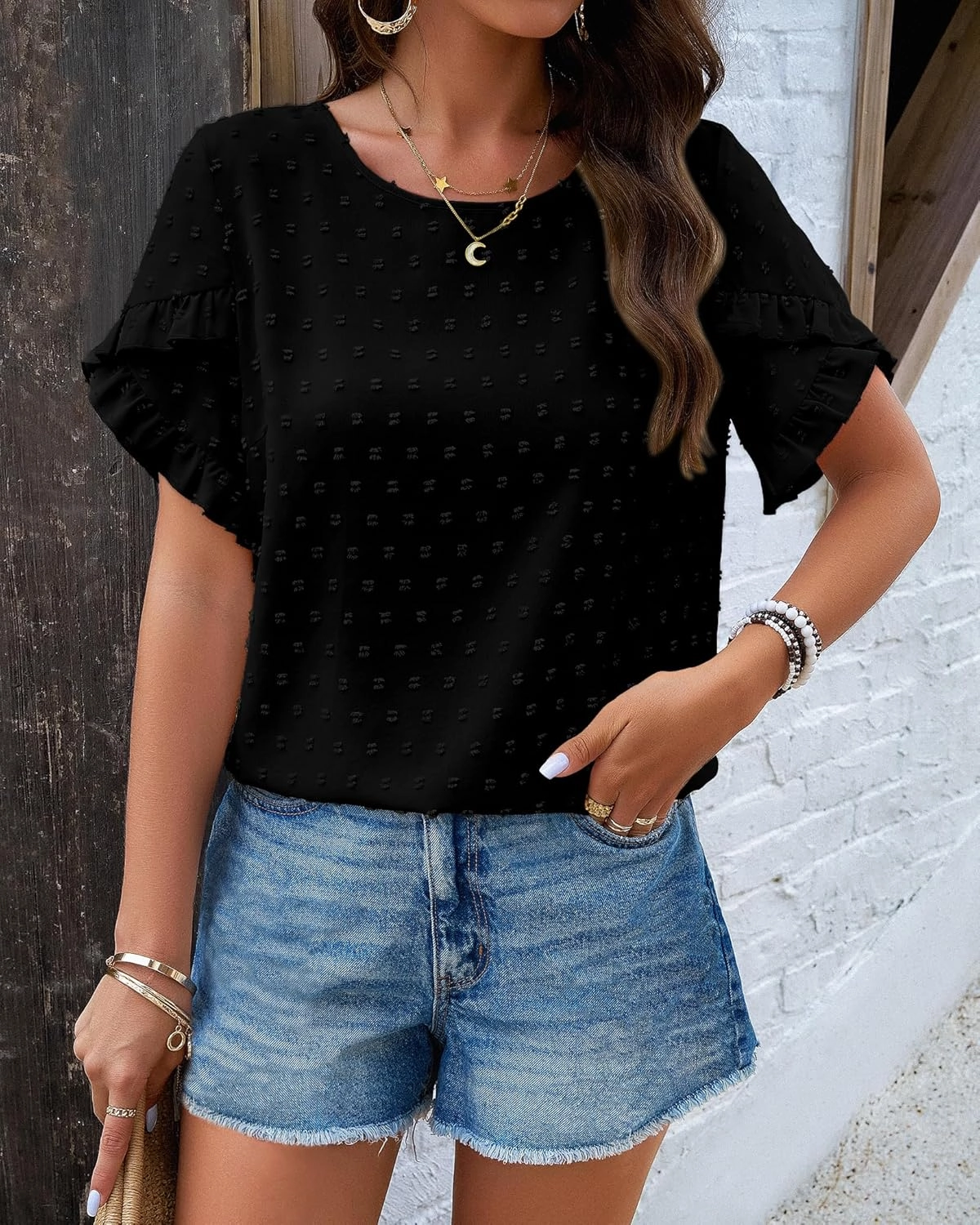 PRETTYGARDEN Women's Tops 2025 Summer Ruffle Short Sleeve Crewneck Blouses Swiss Dots Solid Loose Tunics Work Shirts