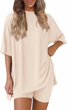 PRETTYGARDEN Women's Two Piece Lounge Set 2025 Summer Casual Oversized Shirts Biker Shorts Matching Airport Travel Outfit