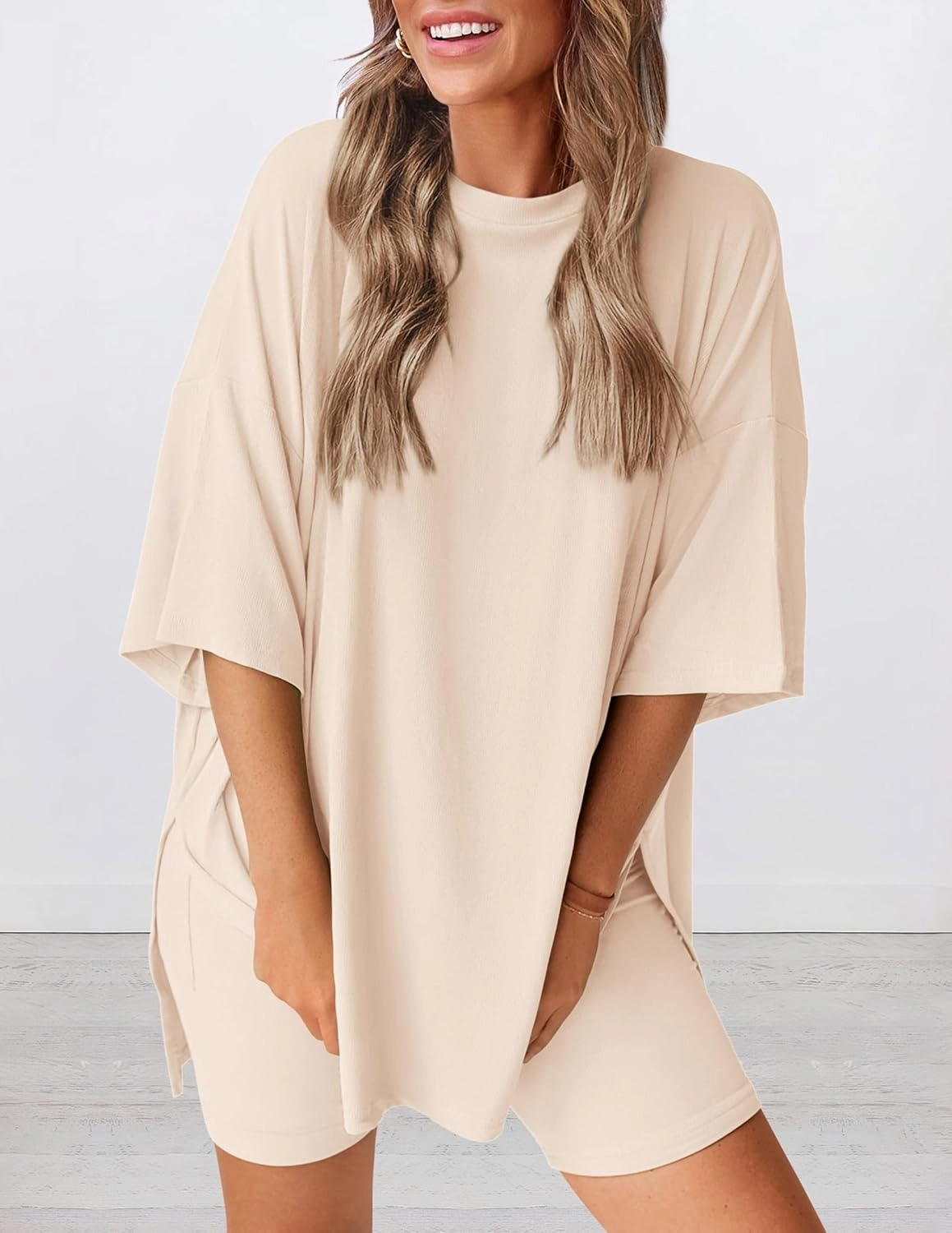 PRETTYGARDEN Women's Two Piece Lounge Set 2025 Summer Casual Oversized Shirts Biker Shorts Matching Airport Travel Outfit