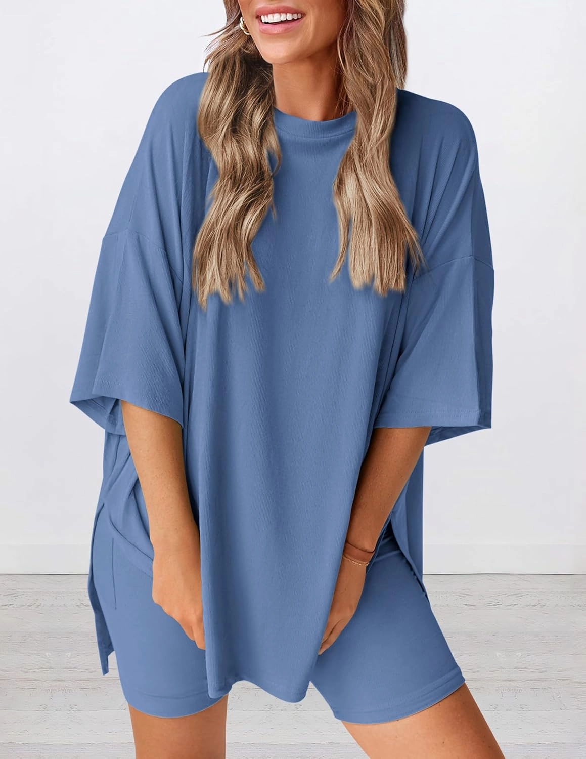 PRETTYGARDEN Women's Two Piece Lounge Set 2025 Summer Casual Oversized Shirts Biker Shorts Matching Airport Travel Outfit
