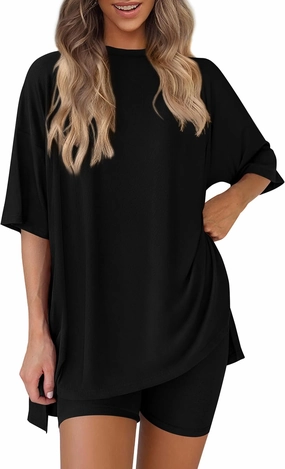 PRETTYGARDEN Women's Two Piece Lounge Set 2025 Summer Casual Oversized Shirts Biker Shorts Matching Airport Travel Outfit