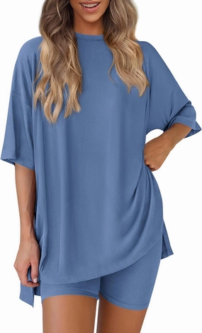 PRETTYGARDEN Women's Two Piece Lounge Set 2025 Summer Casual Oversized Shirts Biker Shorts Matching Airport Travel Outfit
