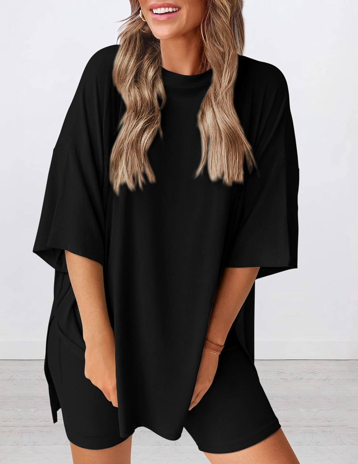 PRETTYGARDEN Women's Two Piece Lounge Set 2025 Summer Casual Oversized Shirts Biker Shorts Matching Airport Travel Outfit