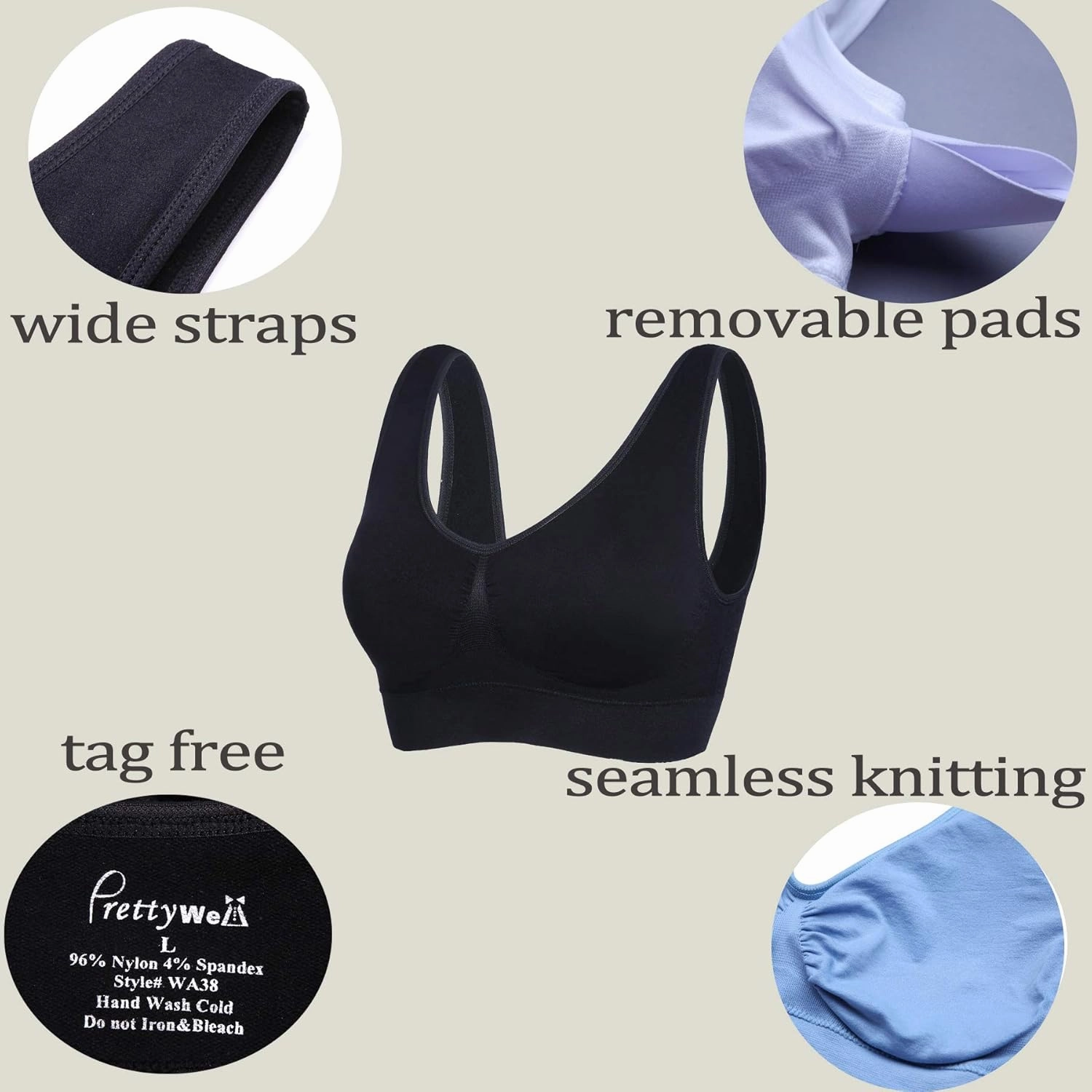 PRETTYWELL Sleep Bras for Women, Comfort Seamless Wireless Stretchy Sports Bra,3 Pack Yoga Bras, with Removable Pads
