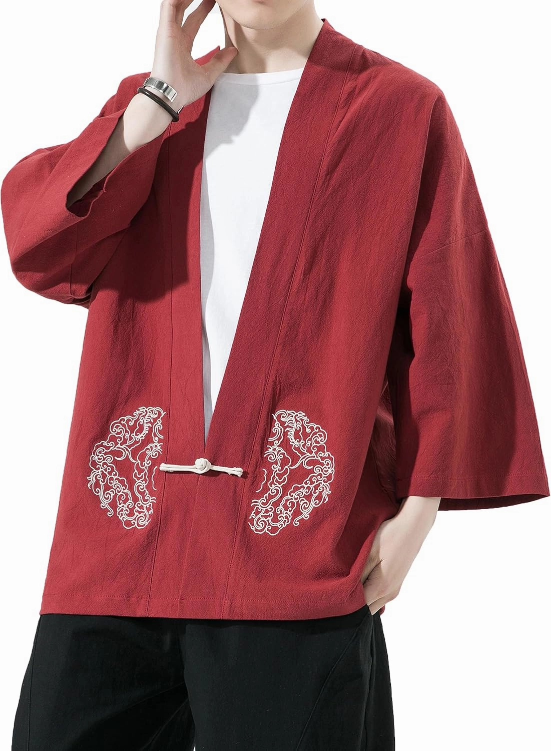 PRIJOUHE Men's Kimono Jackets Cardigan Casual Cotton Blends Linen Seven Sleeve Open Front Embroidery Coat