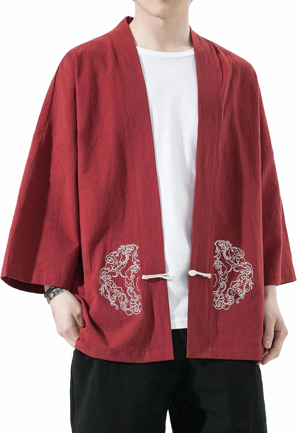 PRIJOUHE Men's Kimono Jackets Cardigan Casual Cotton Blends Linen Seven Sleeve Open Front Embroidery Coat