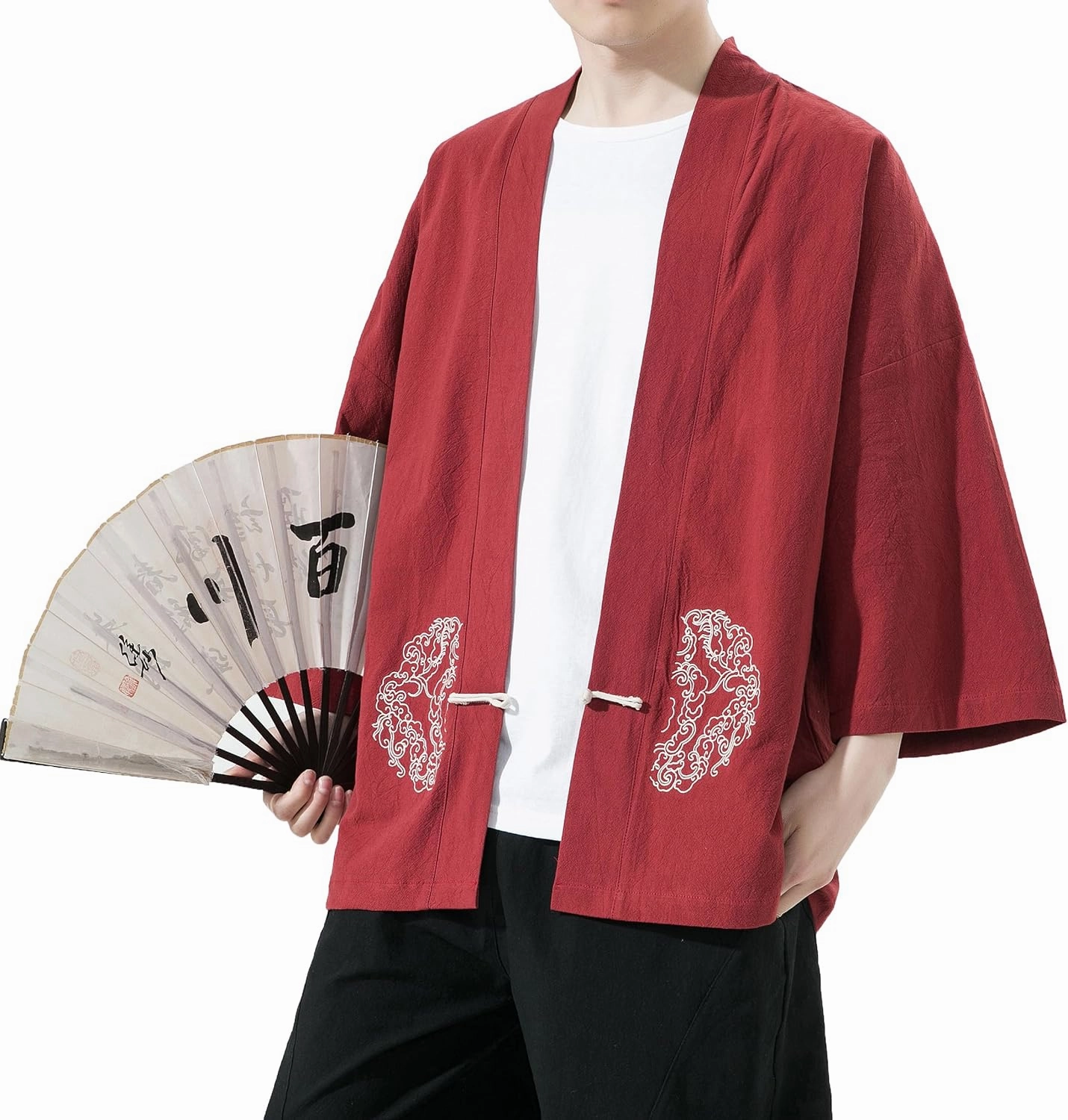 PRIJOUHE Men's Kimono Jackets Cardigan Casual Cotton Blends Linen Seven Sleeve Open Front Embroidery Coat