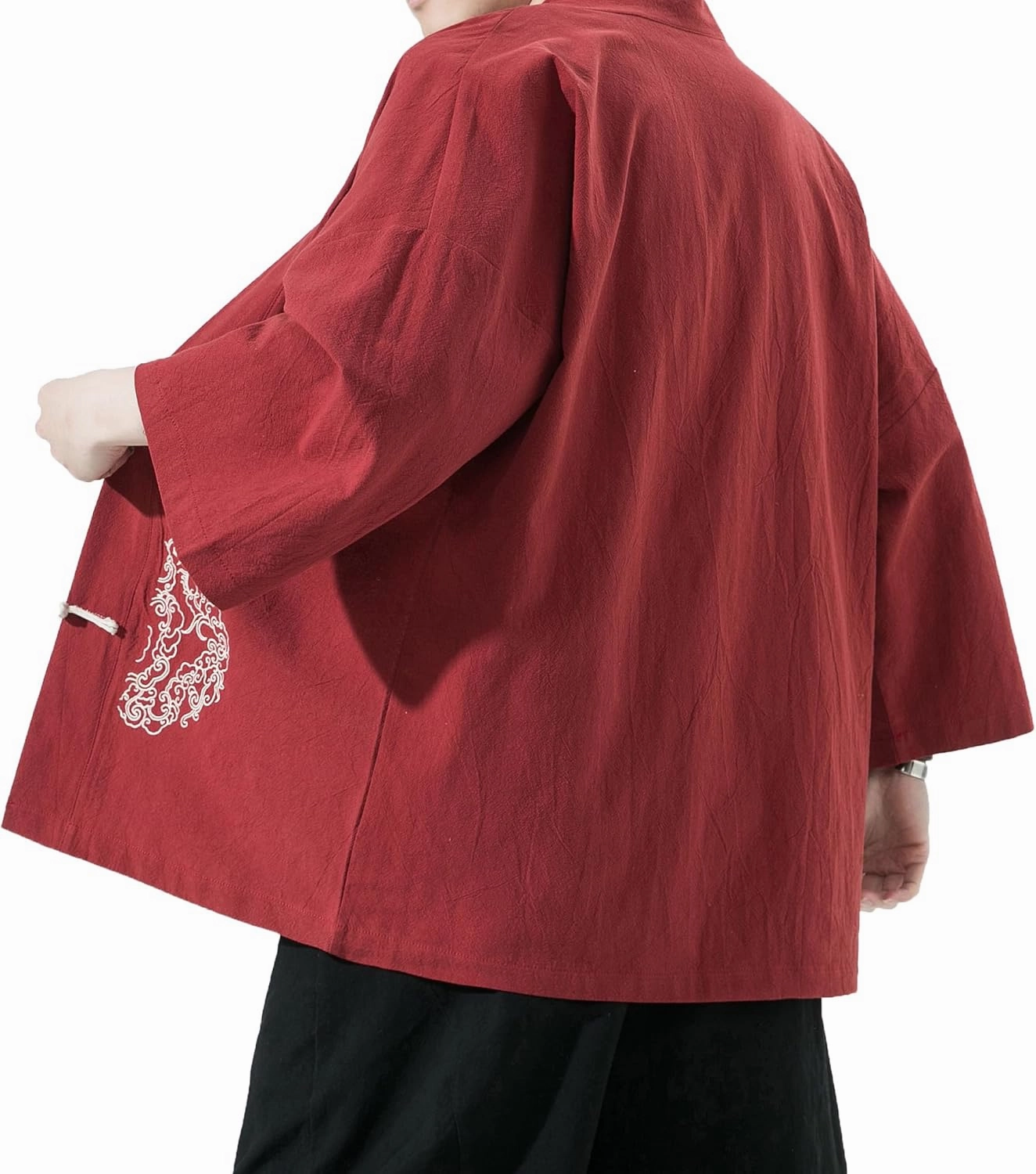 PRIJOUHE Men's Kimono Jackets Cardigan Casual Cotton Blends Linen Seven Sleeve Open Front Embroidery Coat