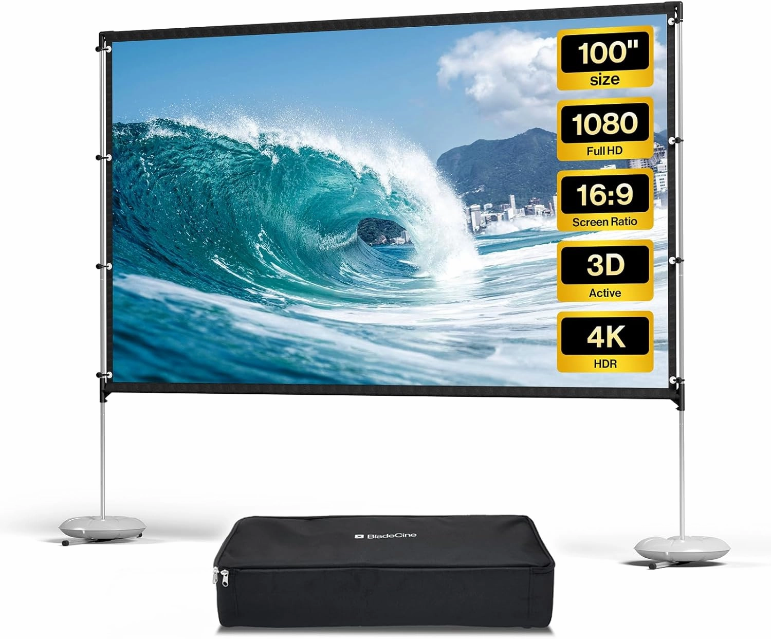 Projector Screen with Stand, BladeCine 100 inch Outdoor Projector Screen Portable Indoor Projection Screen 16:9 4K Rear Front Movie Screen with Carry Bag for Home Backyard Theater