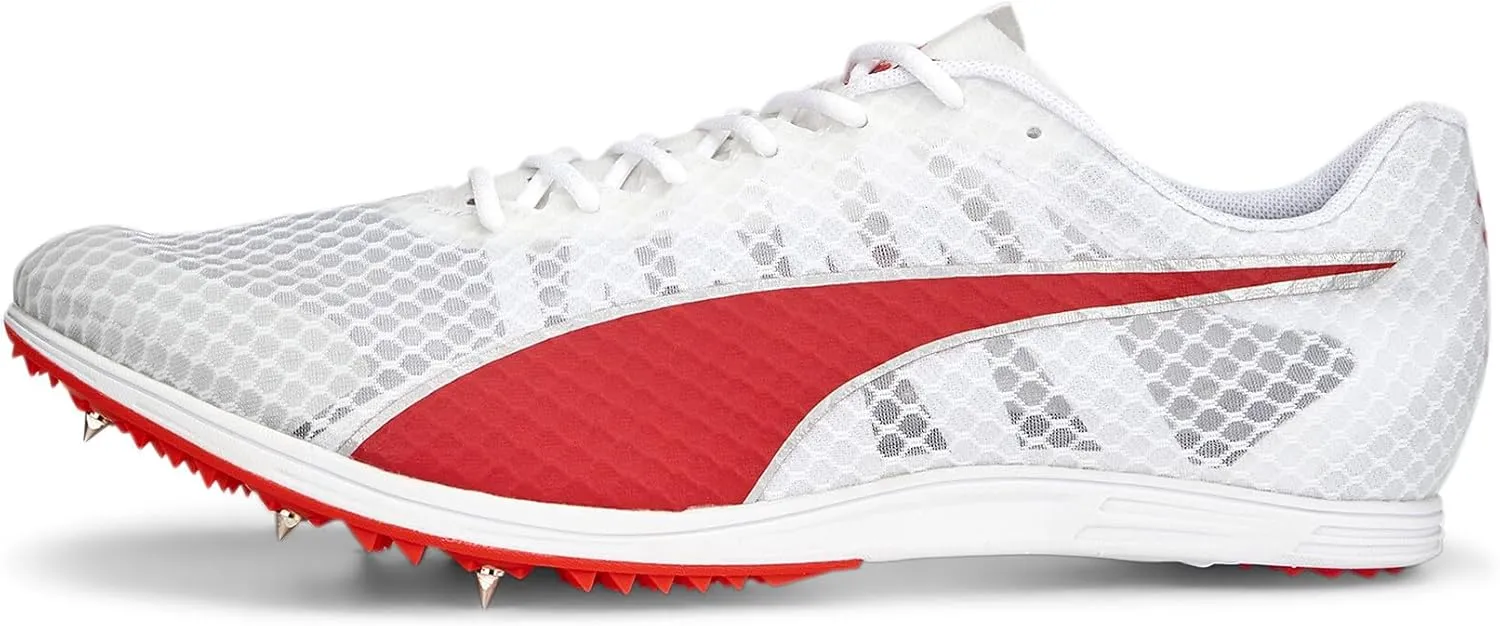 PUMA Mens Evospeed Distance 11 Track and Field Shoe, PUMA Mens White-PUMA Mens Red-Metallic Silver, 10.5