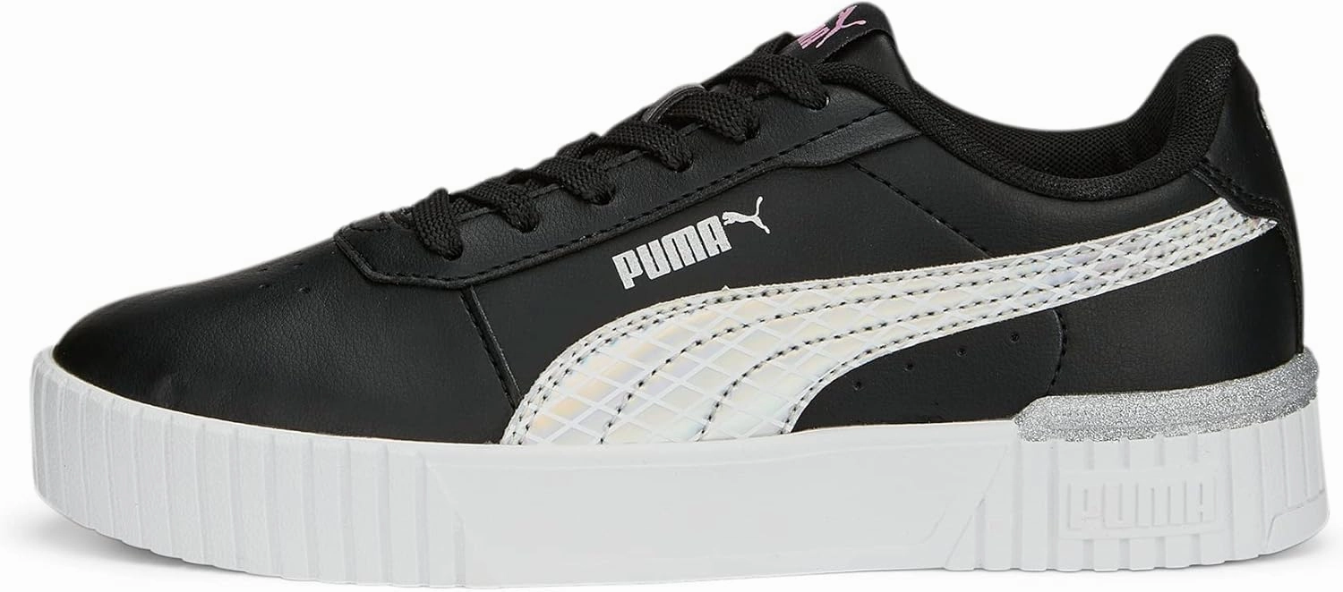 PUMA Unisex Carina 2.0 Low Top Leather Platform Sneaker, Black-Lilac Chiffon-Silver, US Big Kid 7