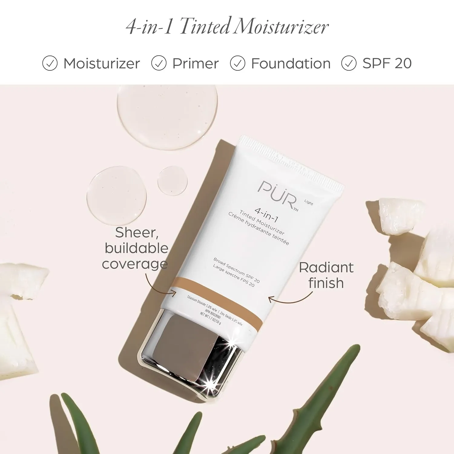 PUR Beauty 4-in-1 Tinted Moisturizer with SPF 20 - Hydrating Skin Tint Face Moisturizer, Primer & Foundation with Shea Butter, Aloe Vera & Vitamin B3 - Vegan Friendly, Paraben Free (Warm Nude)