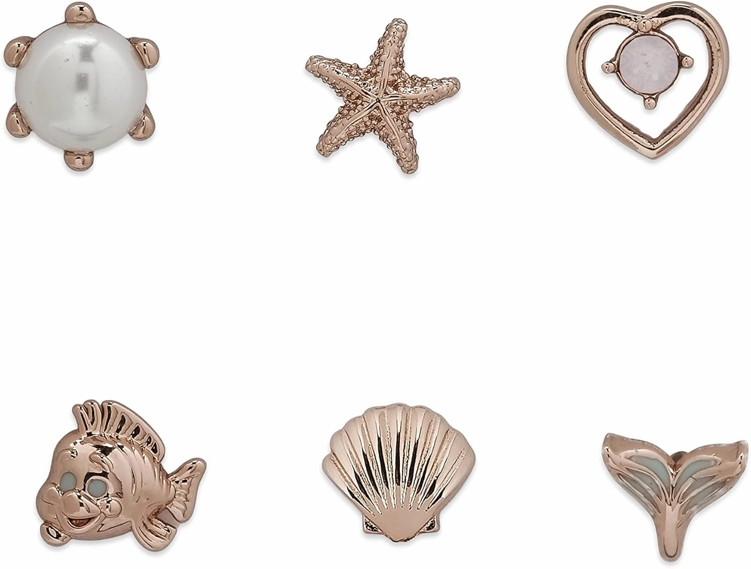 Pura Vida Rose Gold-Plated Disney Little Mermaid Stud Earring Pack - Assorted Designs, Sterling Silver Posts - 6 Studs