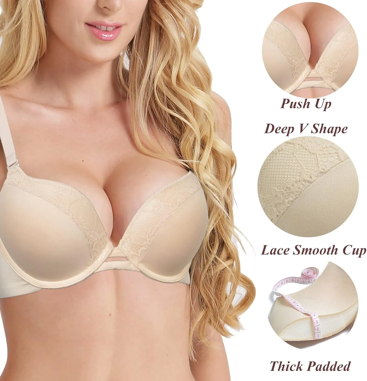 Push Up Thick Padded Plunge Underwire T Shirt Lace Bra Lift Support for Women Add One Cup
