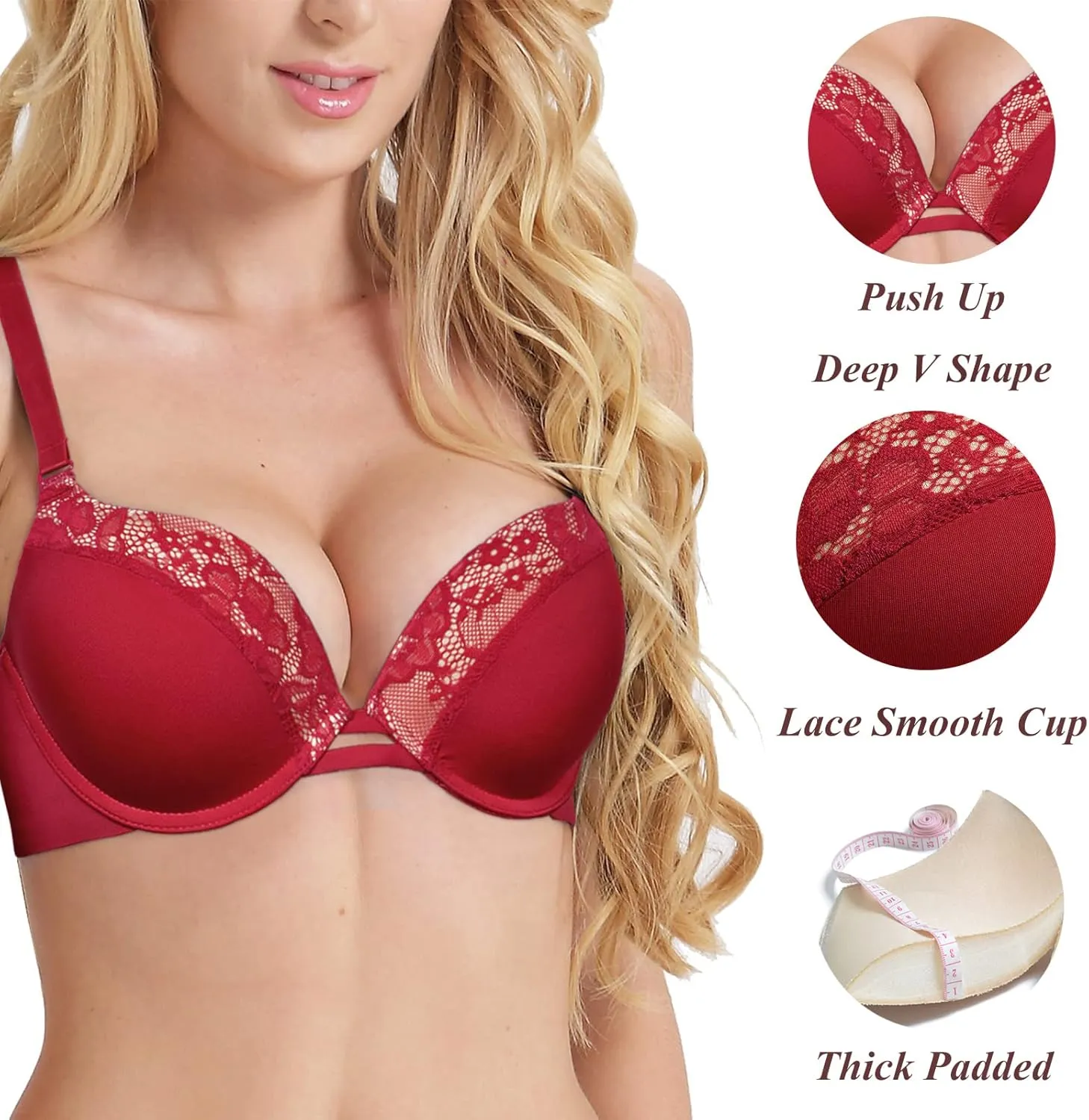 Push Up Thick Padded Plunge Underwire T Shirt Lace Bra Lift Support for Women Add One Cup