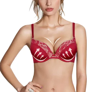 Push Up Thick Padded Plunge Underwire T Shirt Lace Bra Lift Support for Women Add One Cup