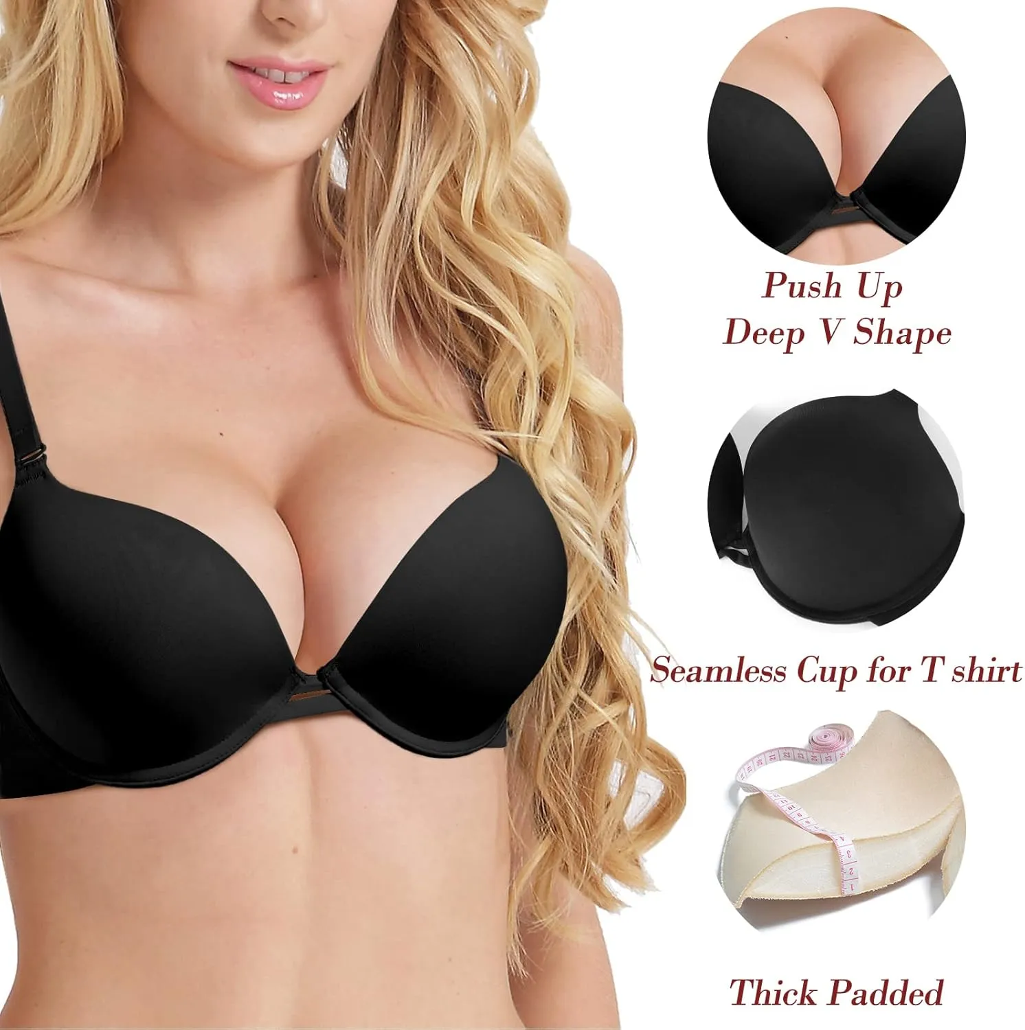 Push Up Thick Padded Plunge Underwire T Shirt Lace Bra Lift Support for Women Add One Cup