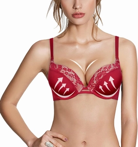 Push Up Thick Padded Plunge Underwire T Shirt Lace Bra Lift Support for Women Add One Cup