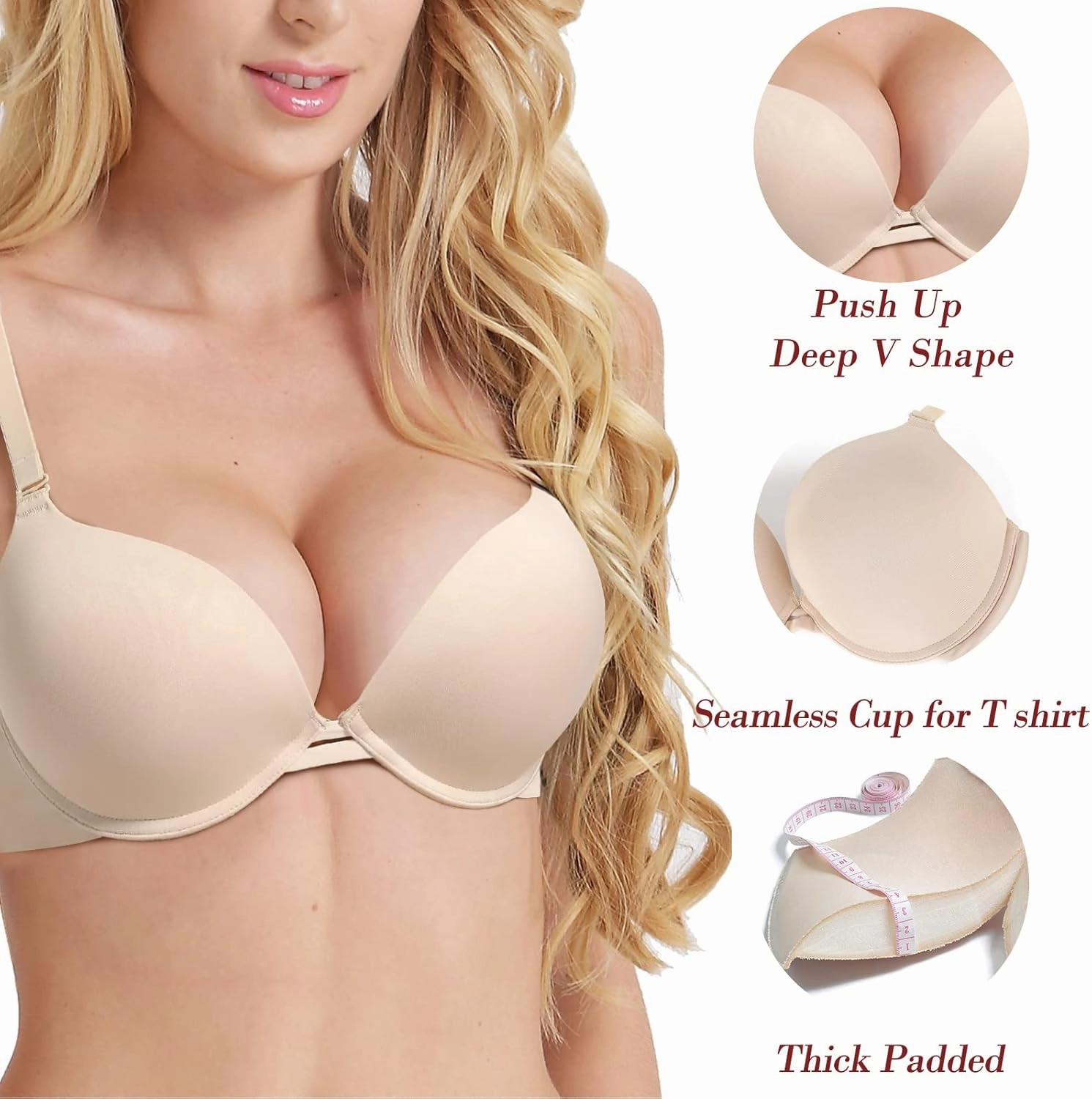 Push Up Thick Padded Plunge Underwire T Shirt Lace Bra Lift Support for Women Add One Cup