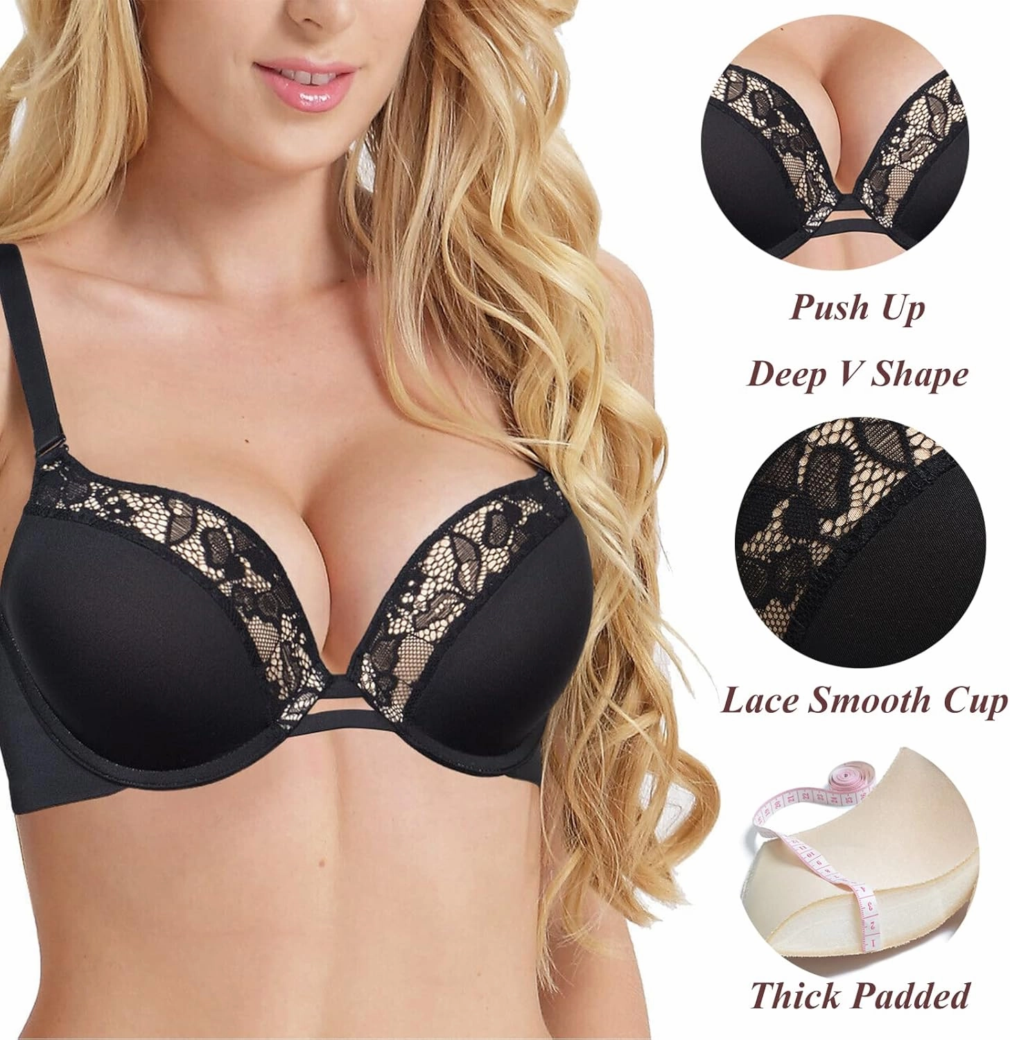 Push Up Thick Padded Plunge Underwire T Shirt Lace Bra Lift Support for Women Add One Cup