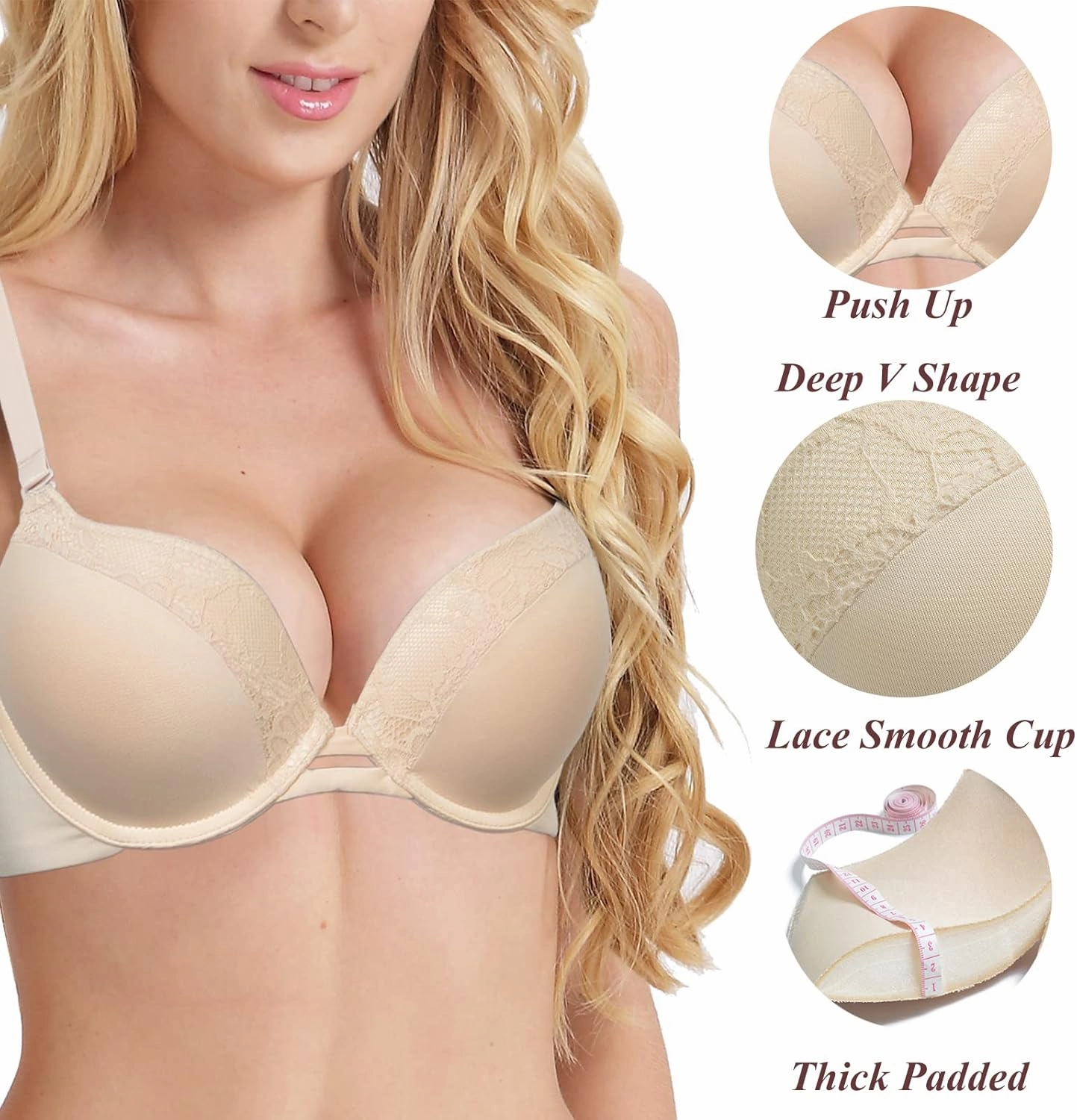 Push Up Thick Padded Plunge Underwire T Shirt Lace Bra Lift Support for Women Add One Cup