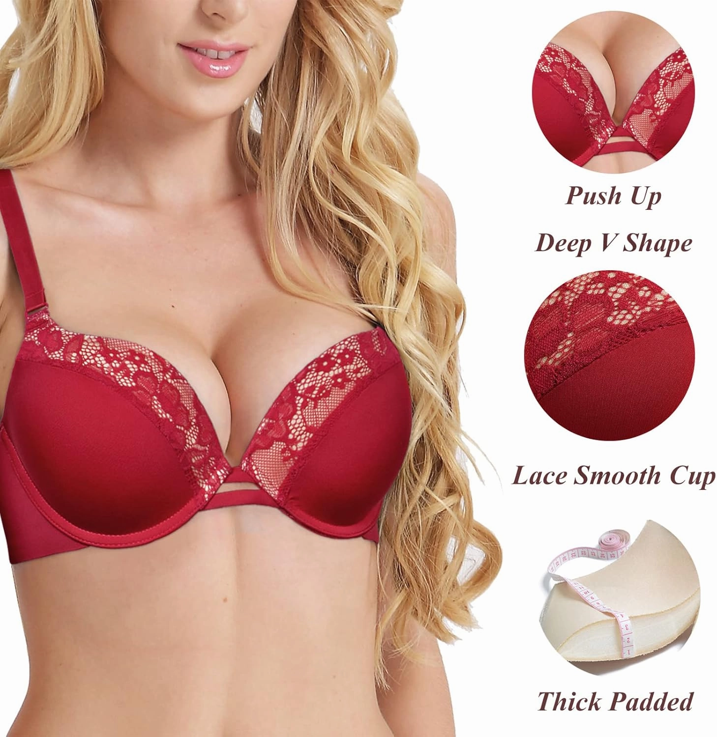 Push Up Thick Padded Plunge Underwire T Shirt Lace Bra Lift Support for Women Add One Cup
