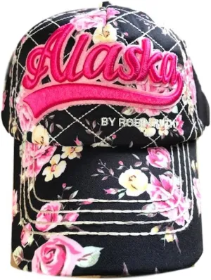 Quality Vibrant Floral Alaska Ball Cap Hat, Black/Hot Pink, One Size