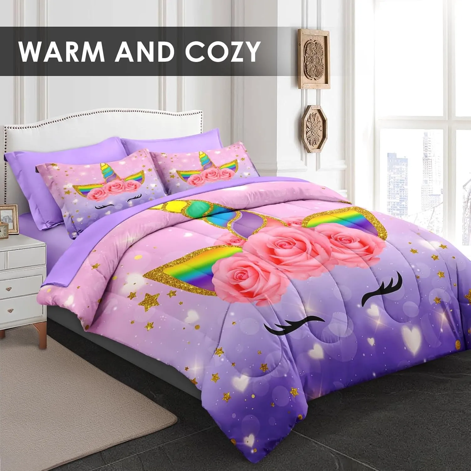 Queen Size Comforter Set with 2 Pillowcases & 2 Shams, Cute Cartoon Unicorn 7 Pcs Bedding for Kids and Teens, Rainbow Horse Flowers Bed in a Bag with Flat Fitted Sheet