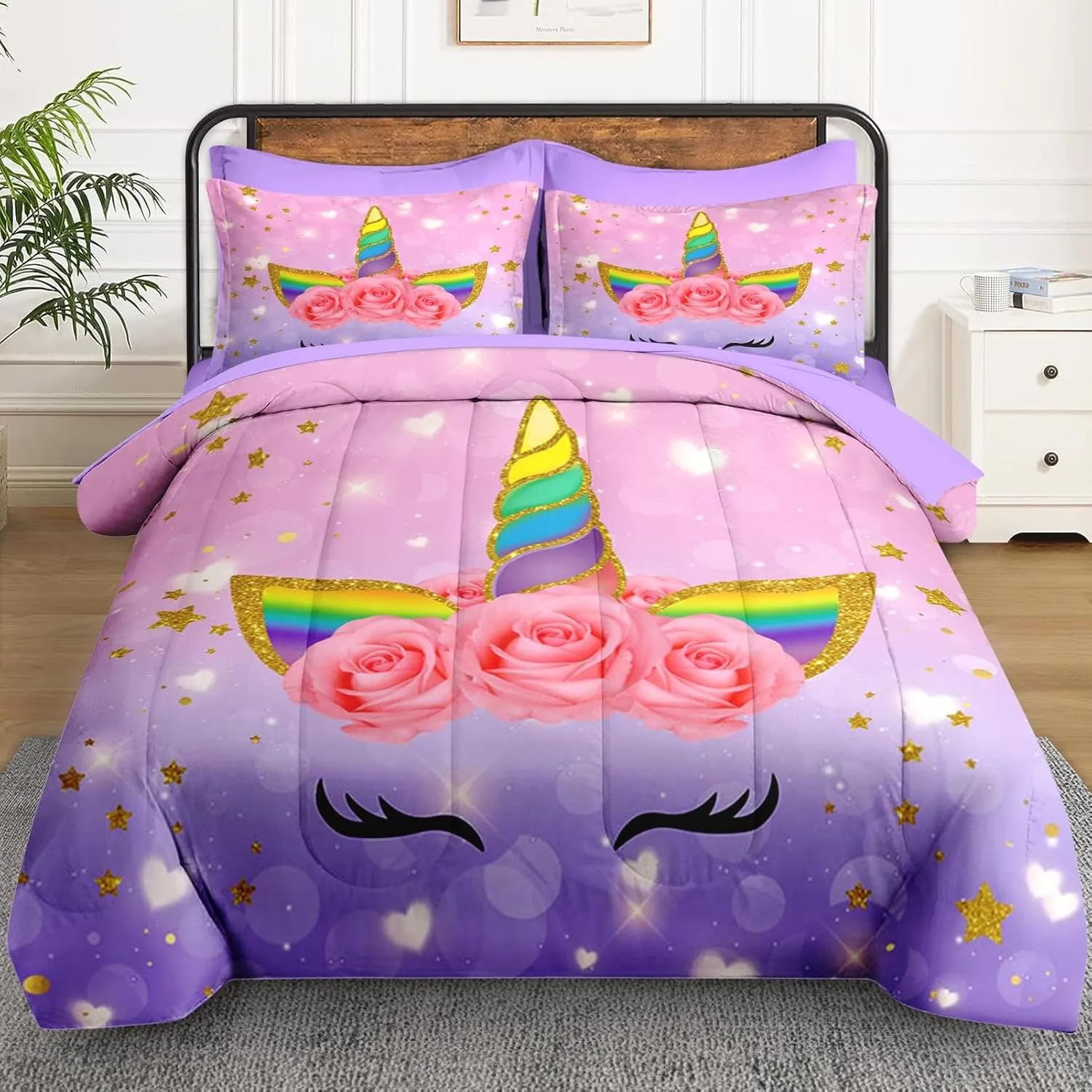 Queen Size Comforter Set with 2 Pillowcases & 2 Shams, Cute Cartoon Unicorn 7 Pcs Bedding for Kids and Teens, Rainbow Horse Flowers Bed in a Bag with Flat Fitted Sheet