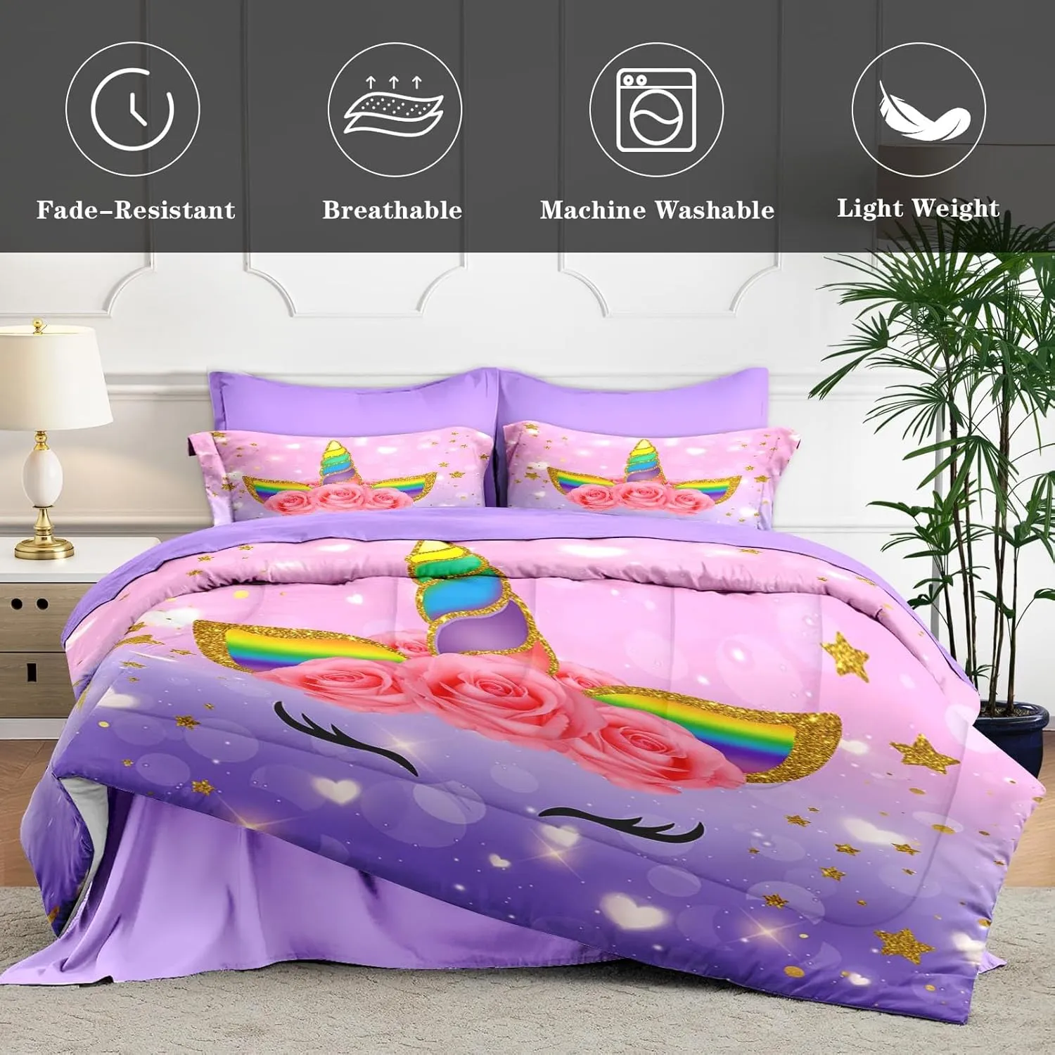 Queen Size Comforter Set with 2 Pillowcases & 2 Shams, Cute Cartoon Unicorn 7 Pcs Bedding for Kids and Teens, Rainbow Horse Flowers Bed in a Bag with Flat Fitted Sheet