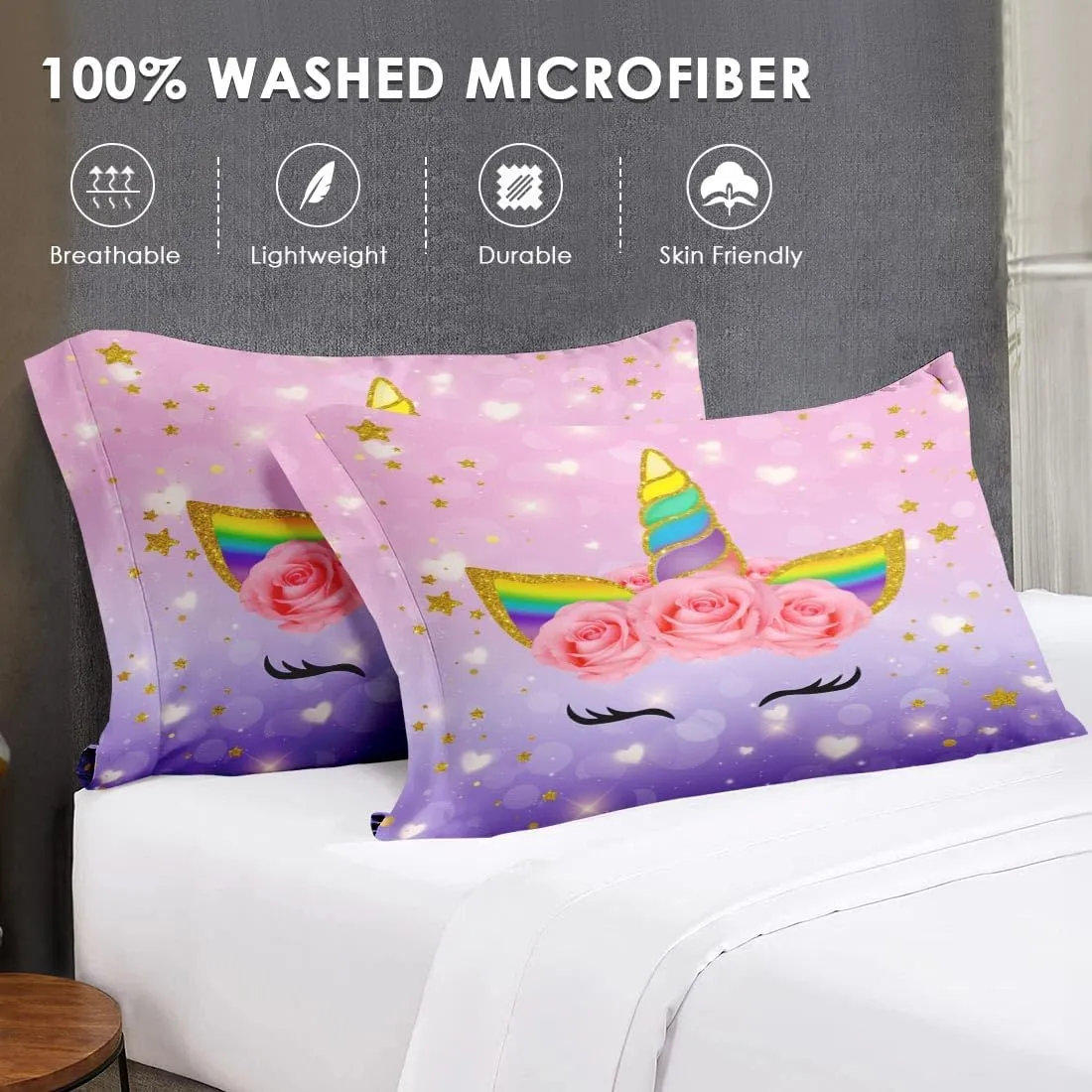 Queen Size Comforter Set with 2 Pillowcases & 2 Shams, Cute Cartoon Unicorn 7 Pcs Bedding for Kids and Teens, Rainbow Horse Flowers Bed in a Bag with Flat Fitted Sheet