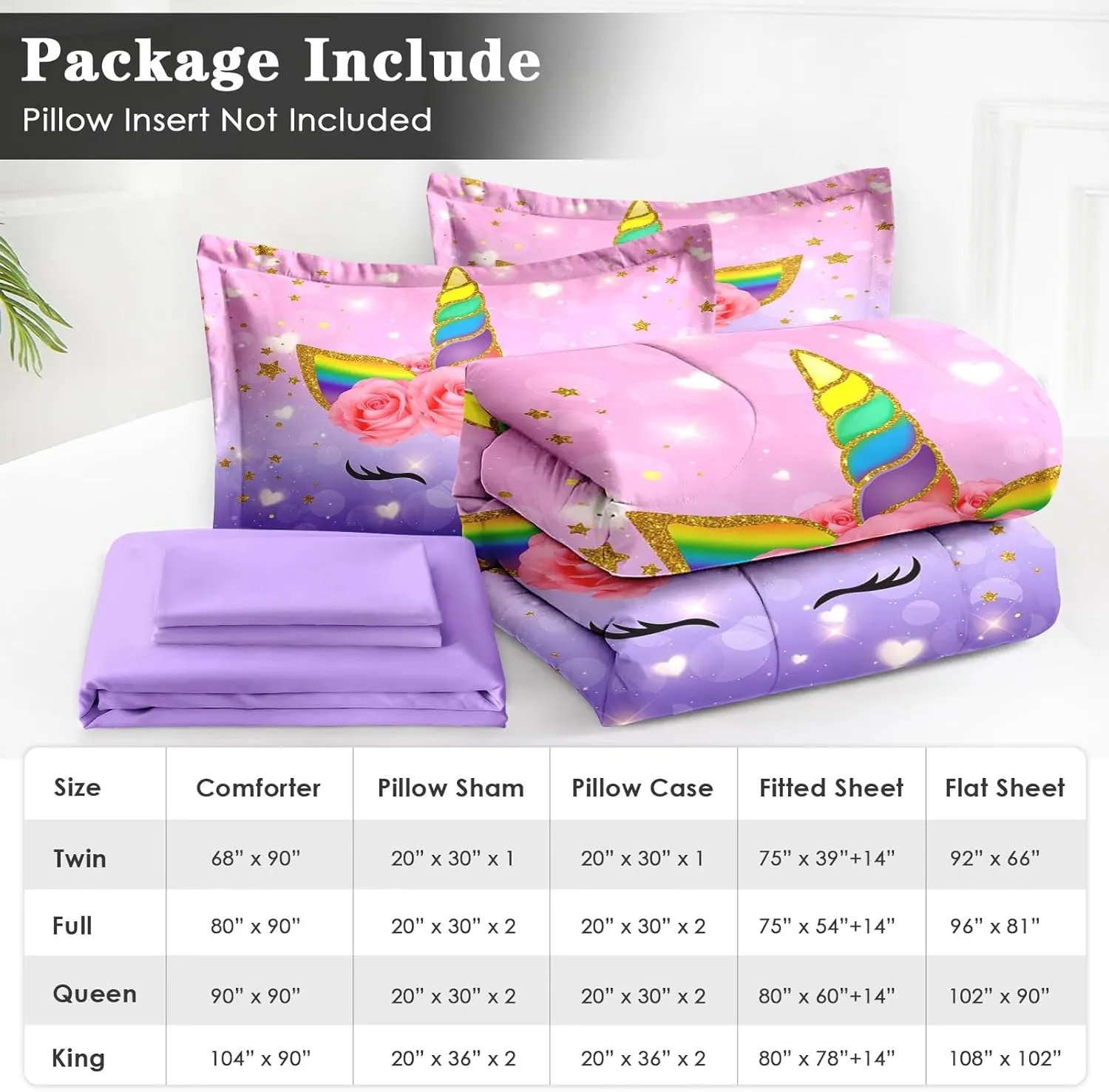 Queen Size Comforter Set with 2 Pillowcases & 2 Shams, Cute Cartoon Unicorn 7 Pcs Bedding for Kids and Teens, Rainbow Horse Flowers Bed in a Bag with Flat Fitted Sheet